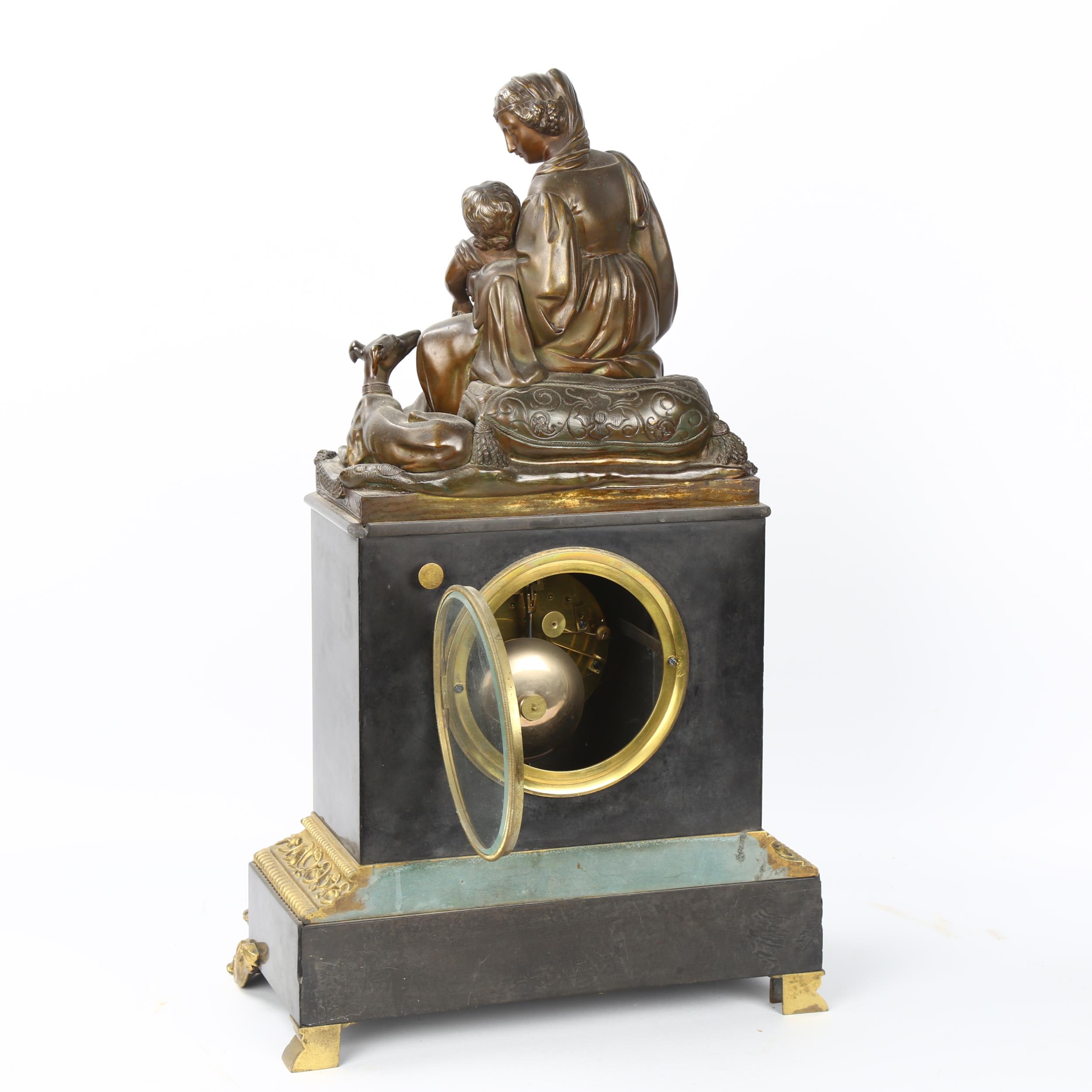 A 19th century ormolu mounted slate-cased mantel clock, surmounted by a gilt-bronze woman and child, - Image 2 of 5