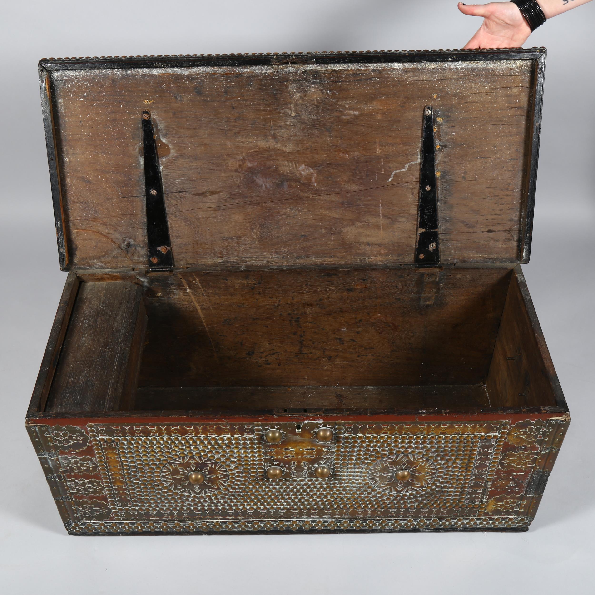 18th century Continental hardwood chest, with allover brass-studded decoration and applied pierced - Image 3 of 6