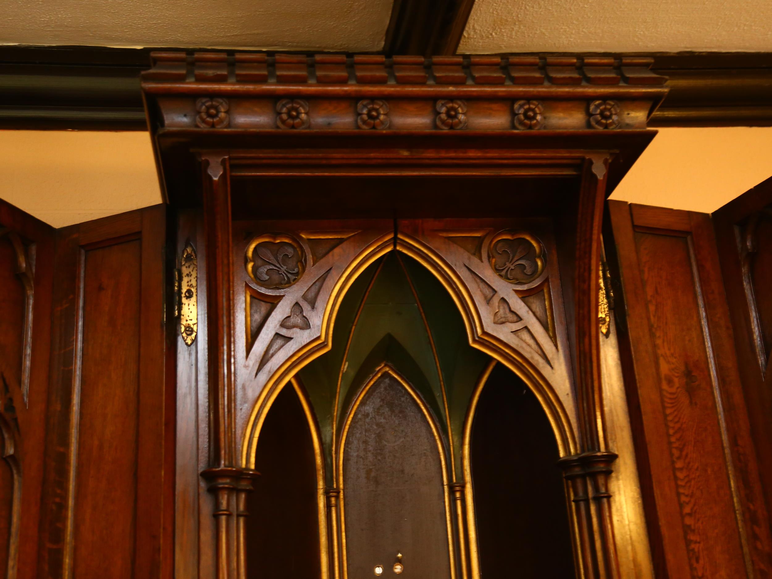 A large 19th century Gothic oak church tabernacle wall-hanging cabinet, the crenellated pediment - Image 4 of 9