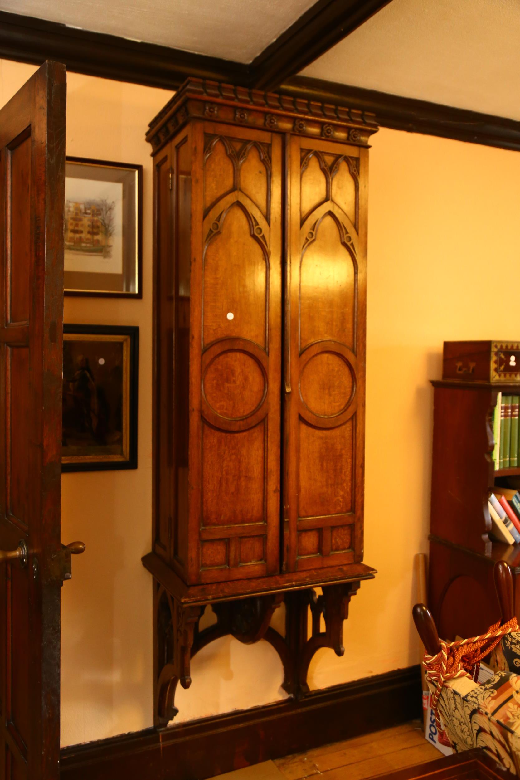 A large 19th century Gothic oak church tabernacle wall-hanging cabinet, the crenellated pediment - Image 2 of 9