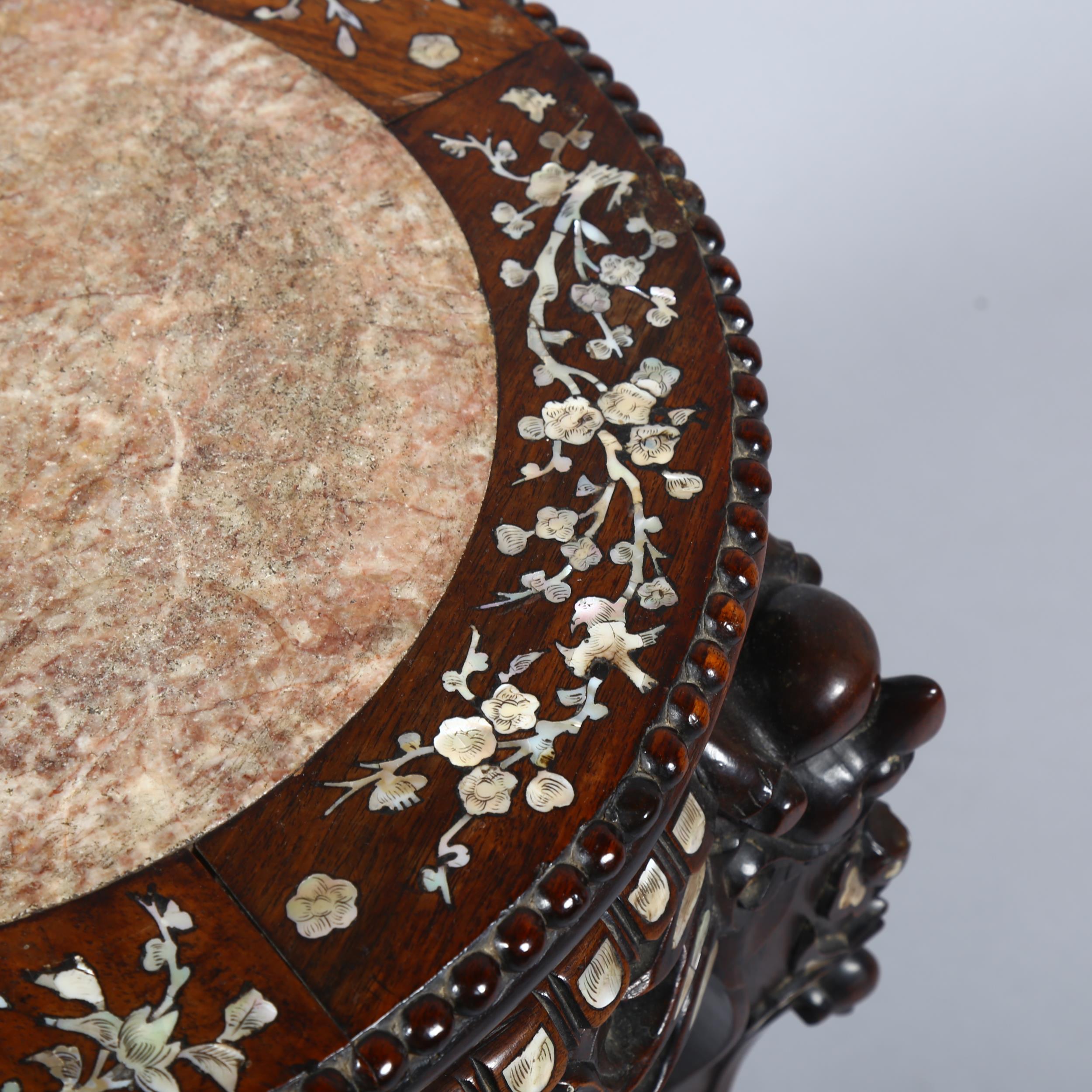 A 19th century Chinese hardwood and mother-of-pearl inlaid circular table, with inset marble top, - Image 4 of 6