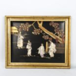 A Chinese 19th century lacquer picture, with applied carved bone and mother-of-pearl figures, gilt-
