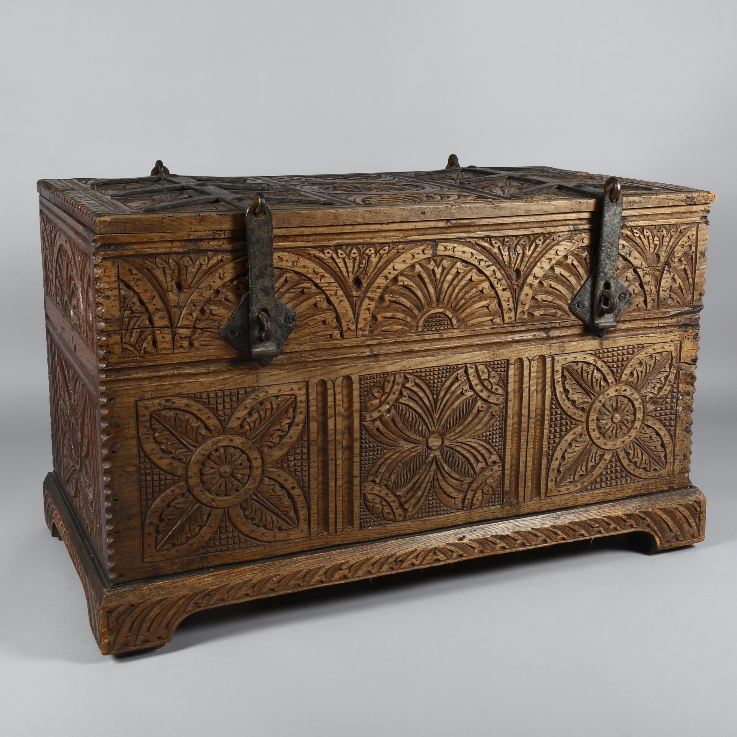 18th century Continental oak chest, heavy iron strapwork hinges and hasps to the lid, allover chip - Image 2 of 6