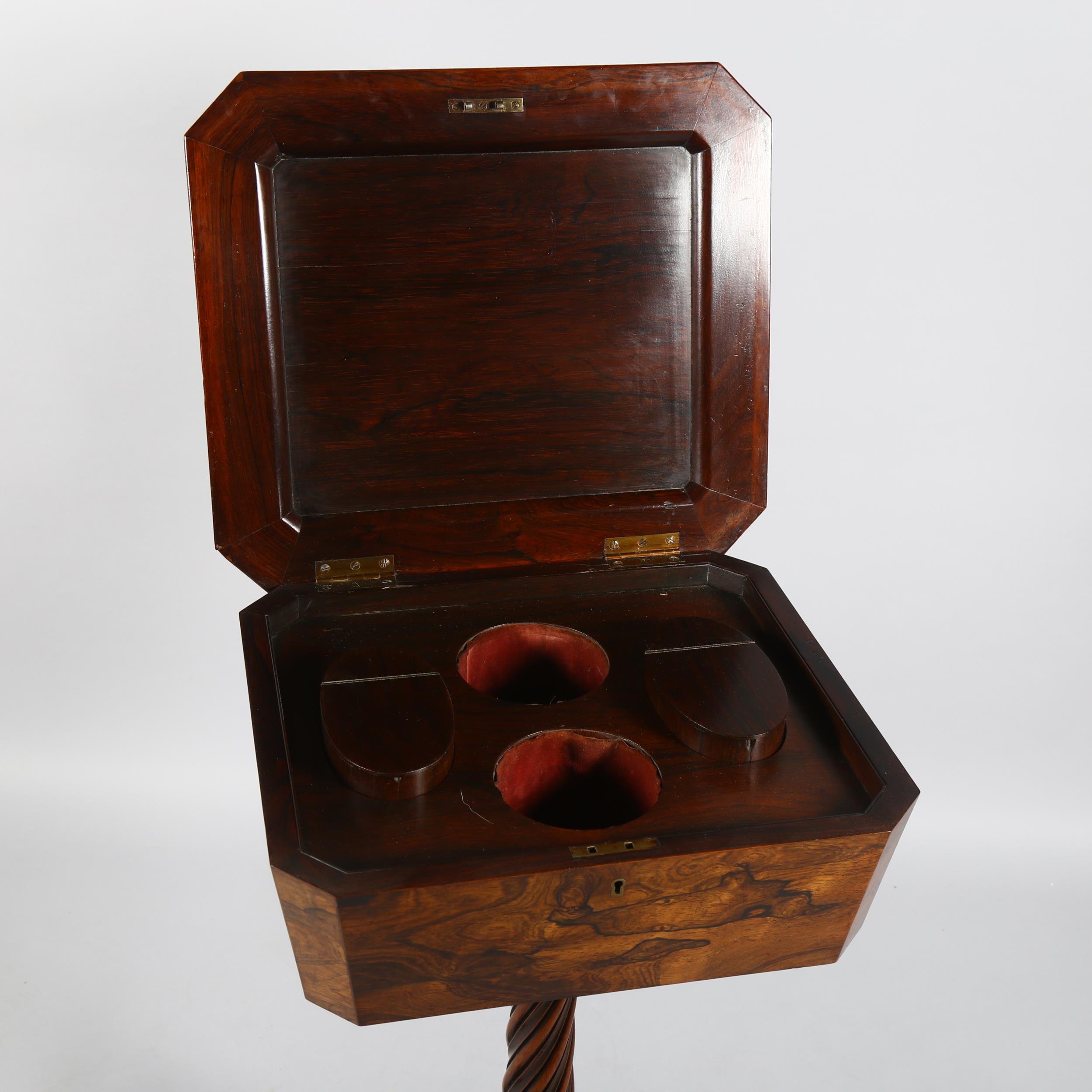 A Regency rosewood teapoy, square canted form with hinged cover opening to reveal fitted interior - Image 7 of 10