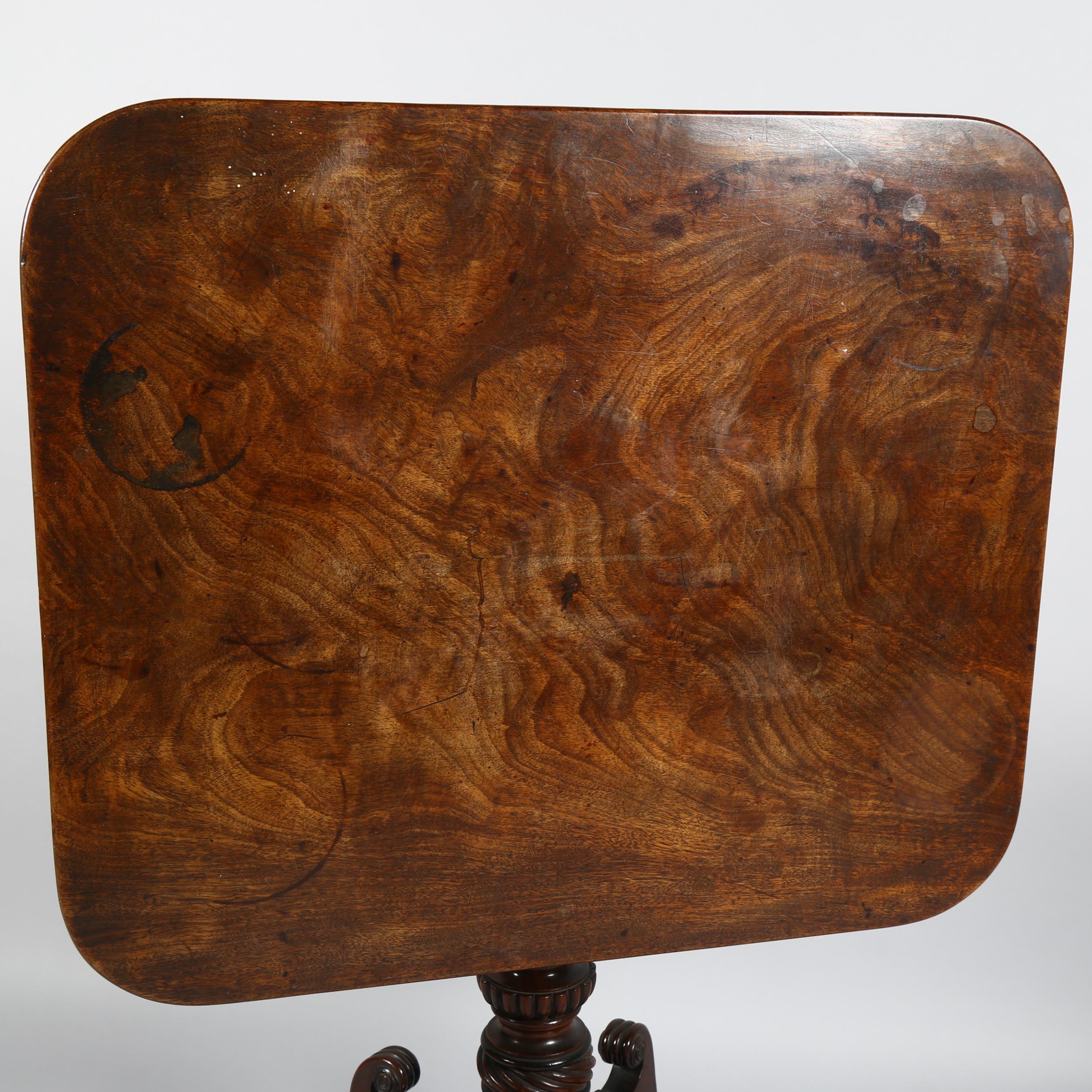 A Regency square mahogany tilt-top table, on carved quadruple base with brass casters, 74cm x 63cm - Image 2 of 5