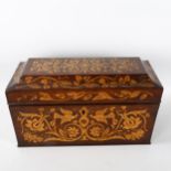 19th century rosewood and boxwood marquetry inlaid sarcophagus-shaped tea caddy, length 36.5cm Minor