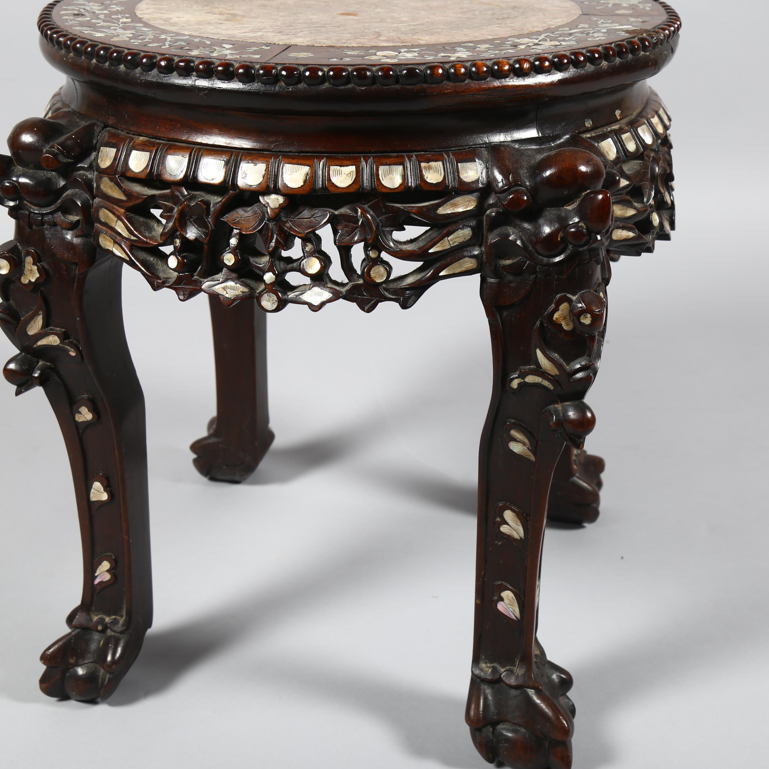 A 19th century Chinese hardwood and mother-of-pearl inlaid circular table, with inset marble top, - Image 5 of 6