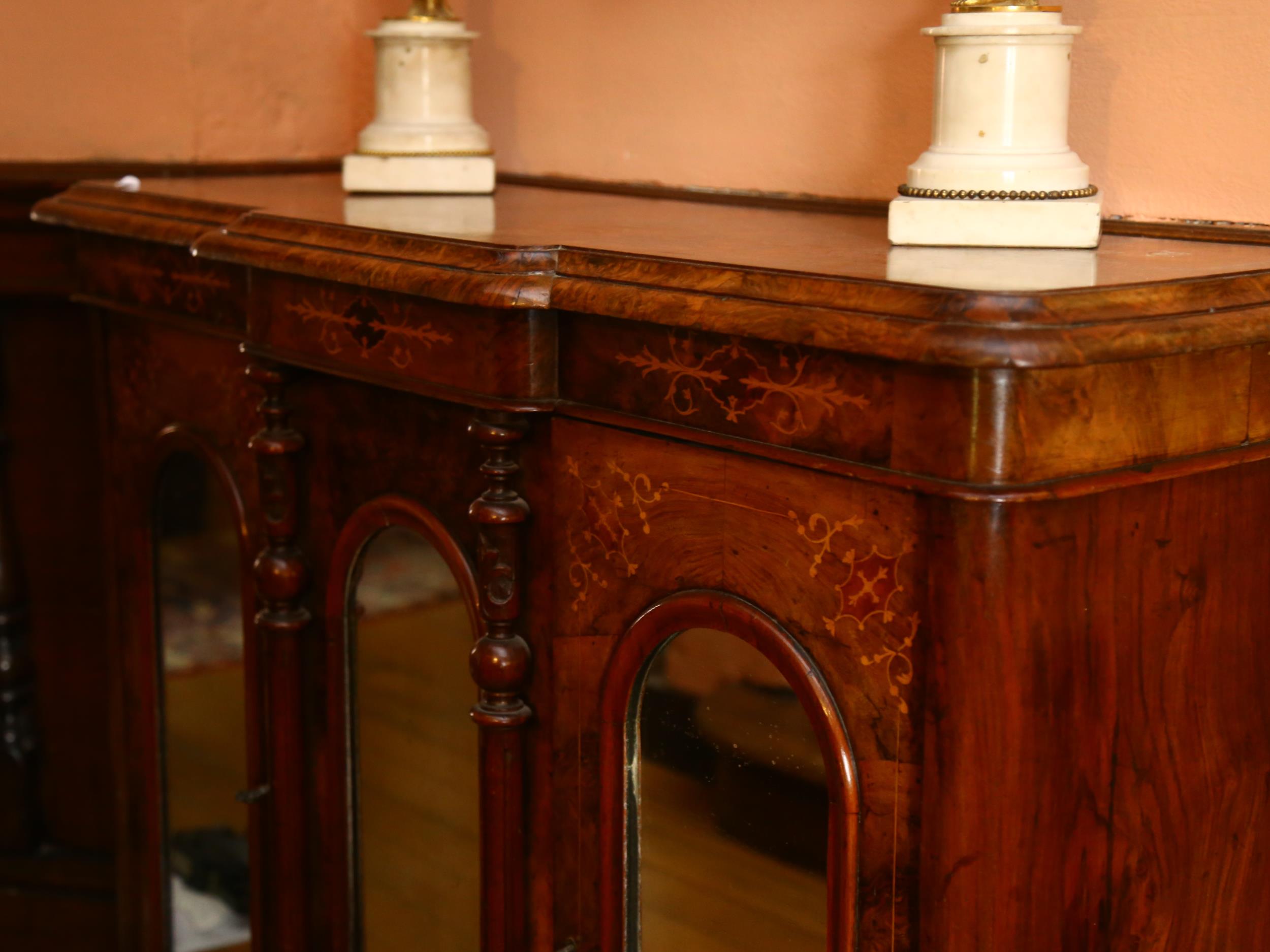 A Victorian burr-walnut break-front credenza, of small size, front having triple dome-top mirror - Image 4 of 9