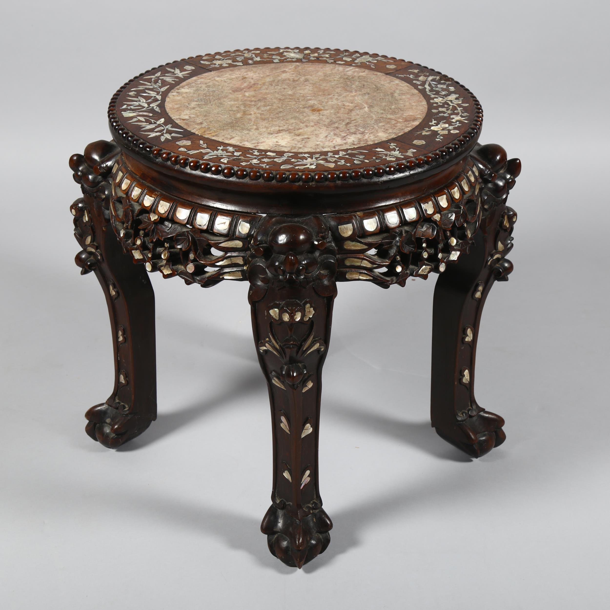 A 19th century Chinese hardwood and mother-of-pearl inlaid circular table, with inset marble top, - Image 2 of 6