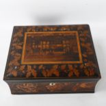 19th century Tunbridge Ware sewing box, micro-mosaic hinged lid depicting timber-framed buildings,