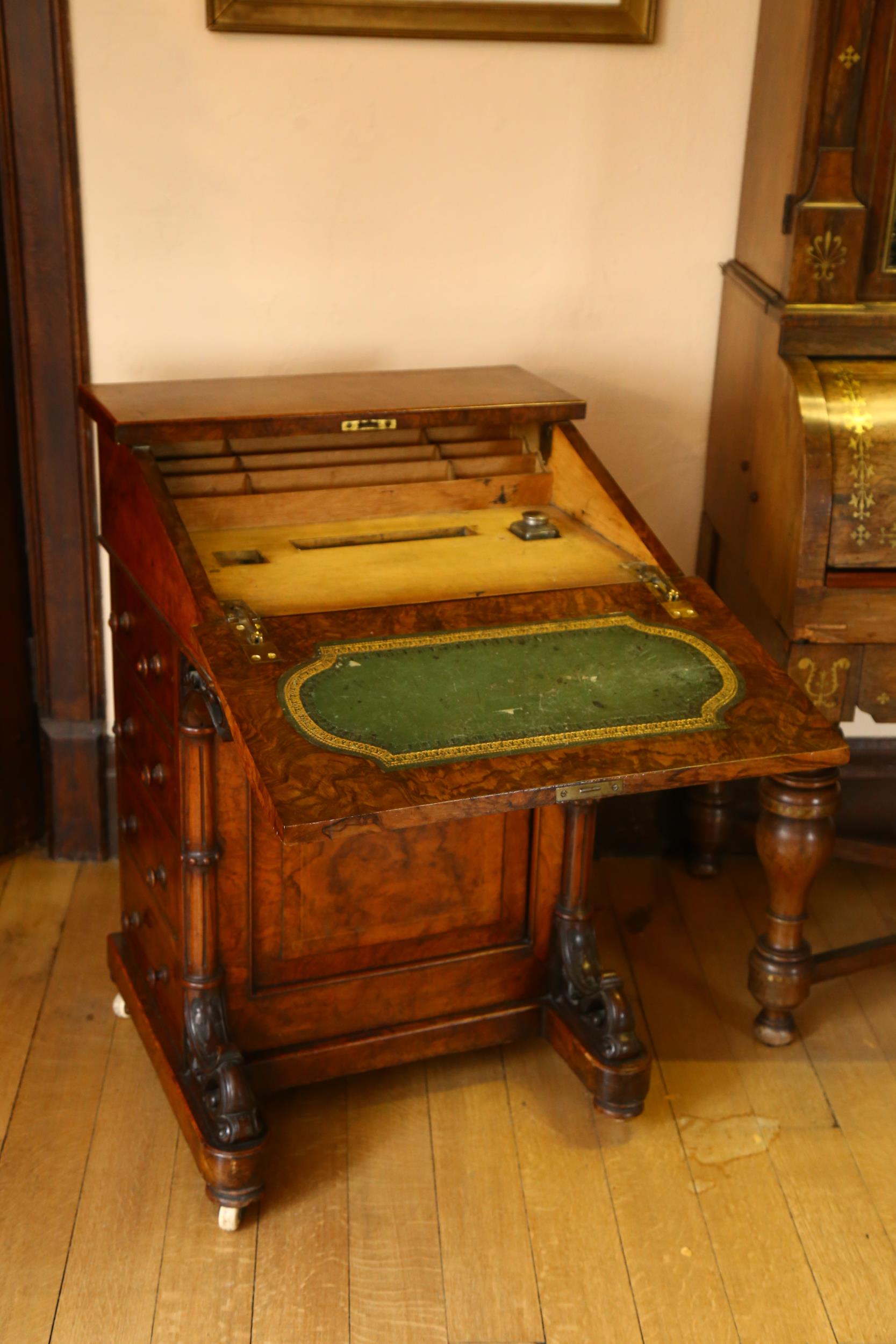 A Victorian burr-walnut Davenport, with slope front, hinged stationery rack backing, 4 side - Image 2 of 4