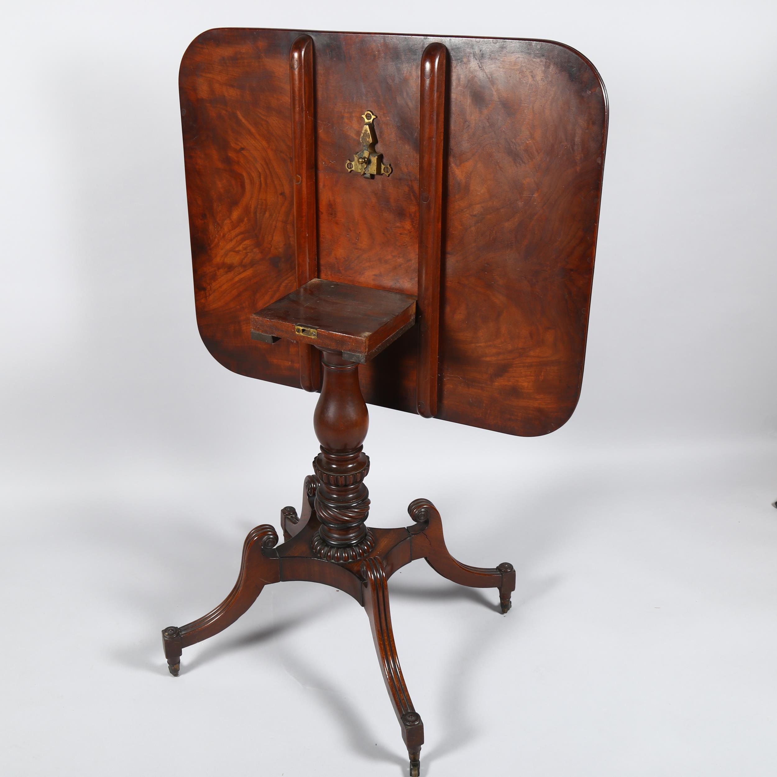 A Regency square mahogany tilt-top table, on carved quadruple base with brass casters, 74cm x 63cm - Image 4 of 5