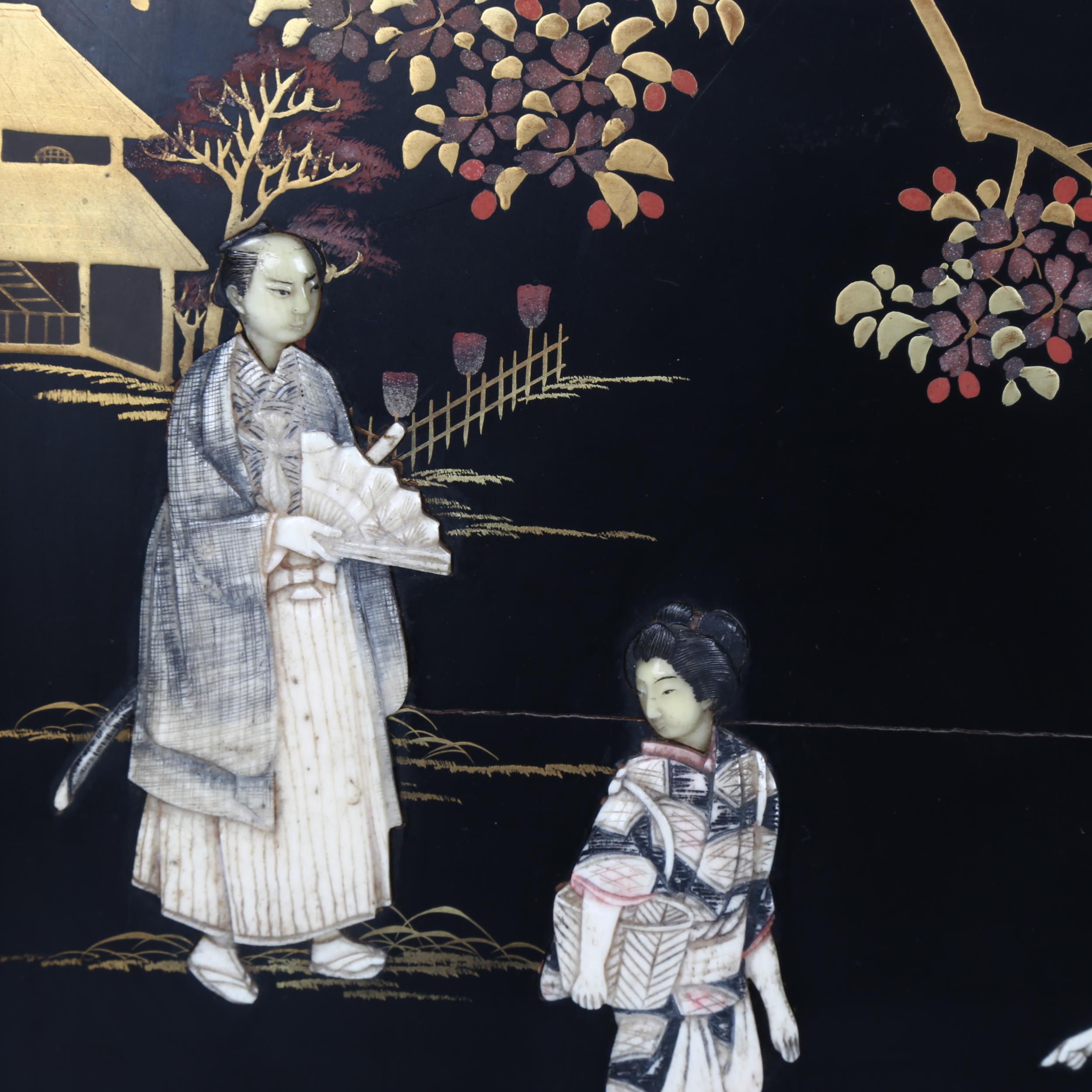 A Chinese 19th century lacquer picture, with applied carved bone and mother-of-pearl figures, gilt- - Image 3 of 5