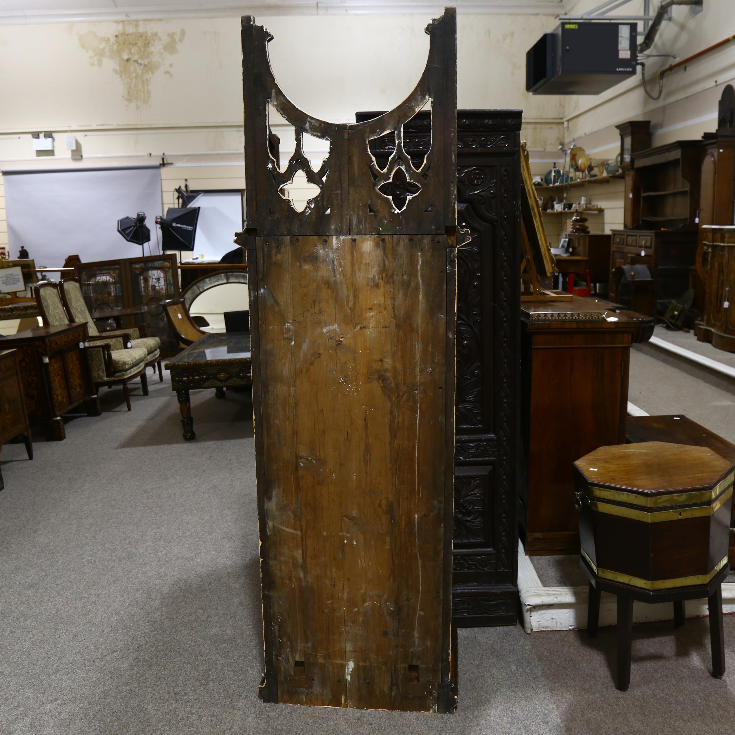 A large 19th century Gothic oak church tabernacle wall-hanging cabinet, the crenellated pediment - Image 5 of 9