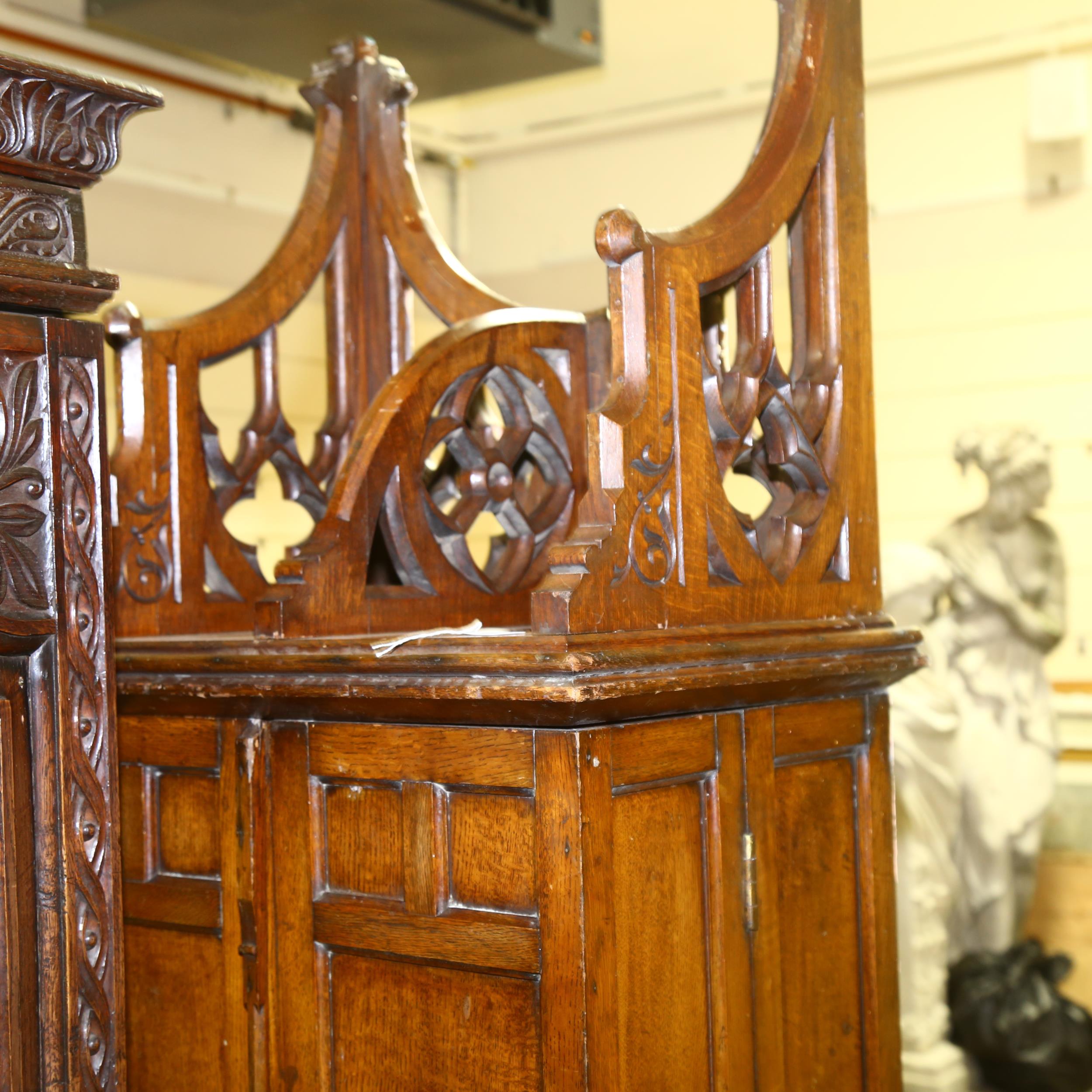 A large 19th century Gothic oak church tabernacle wall-hanging cabinet, the crenellated pediment - Image 8 of 9