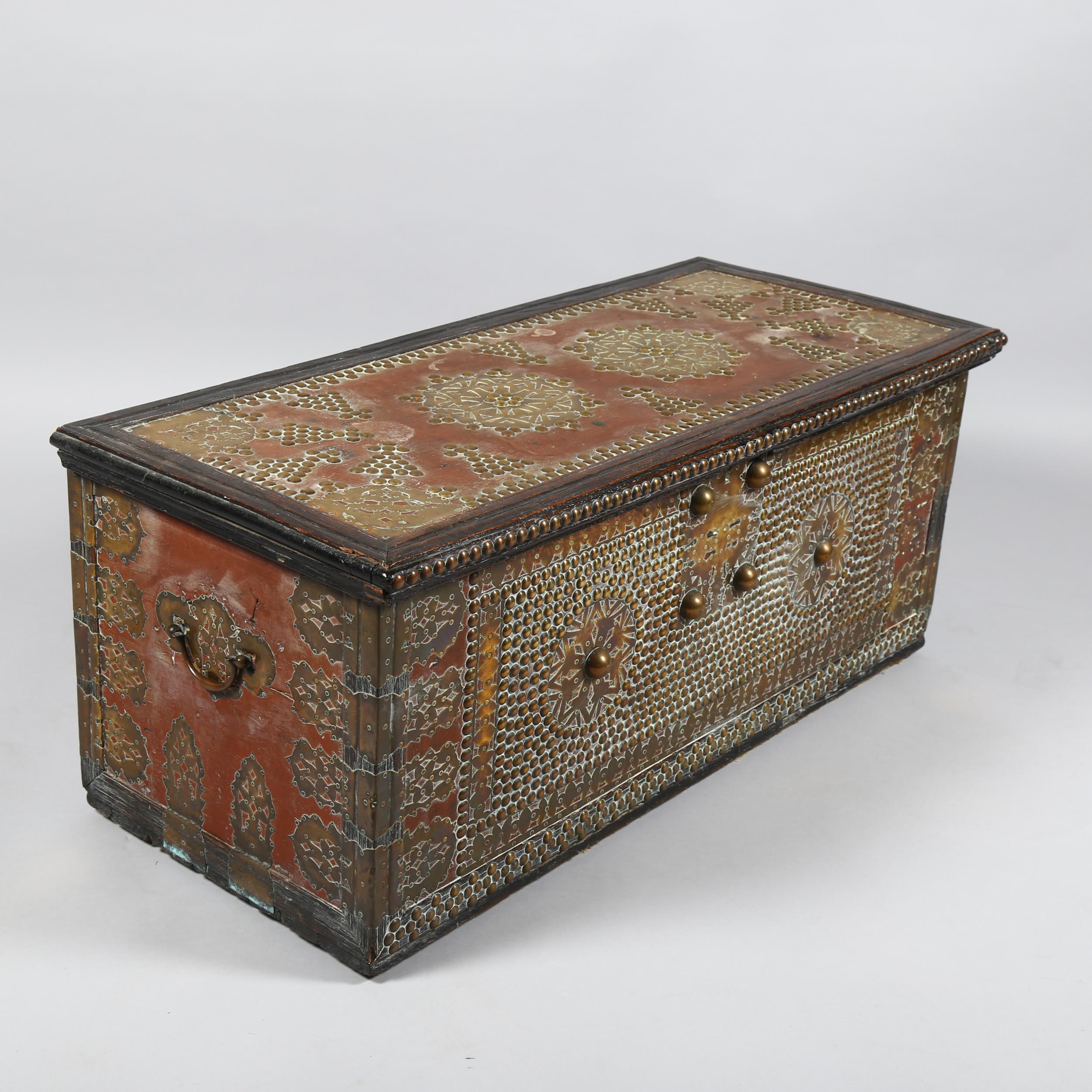 18th century Continental hardwood chest, with allover brass-studded decoration and applied pierced - Image 4 of 6