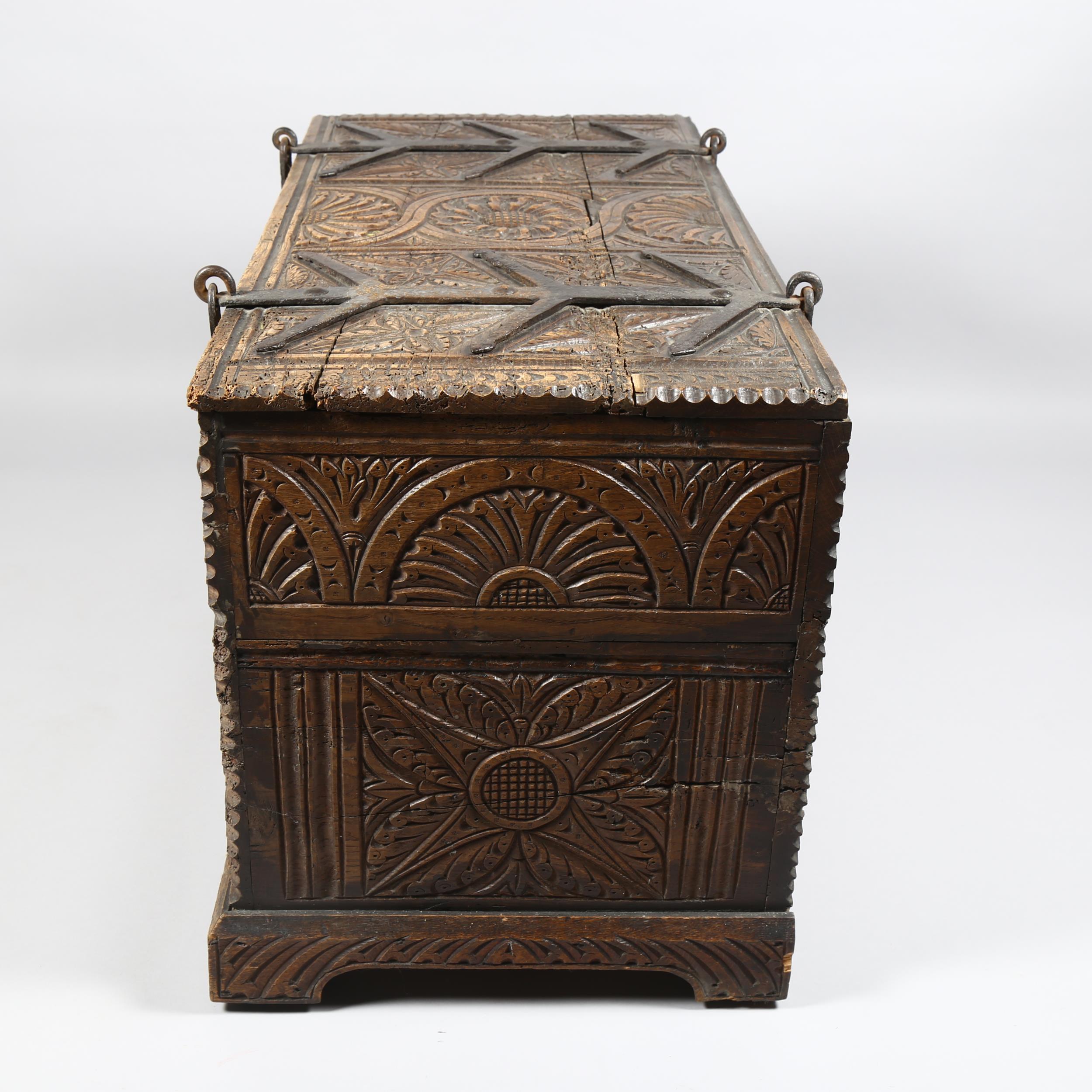 18th century Continental oak chest, heavy iron strapwork hinges and hasps to the lid, allover chip - Image 6 of 6