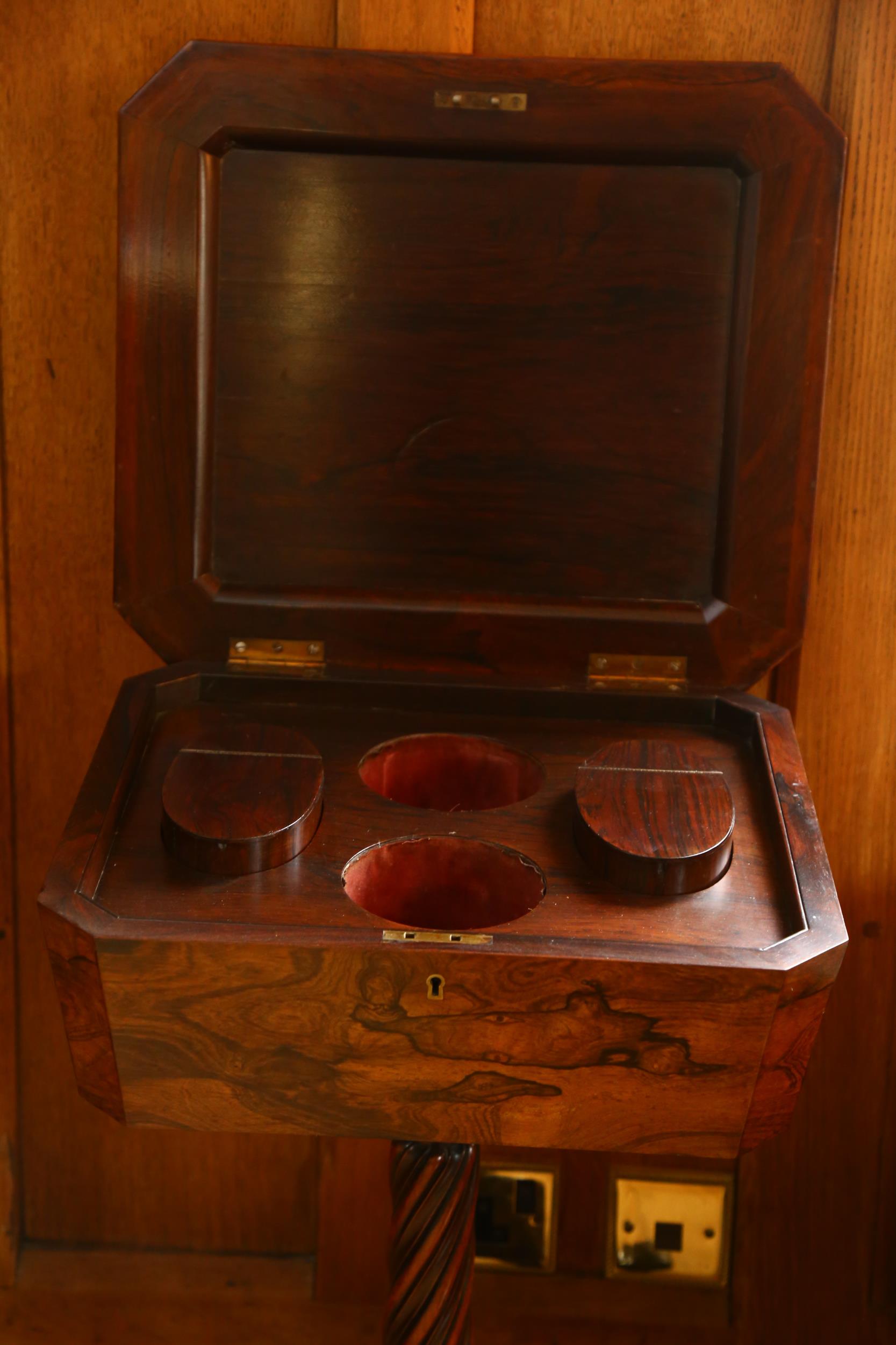 A Regency rosewood teapoy, square canted form with hinged cover opening to reveal fitted interior - Image 4 of 10