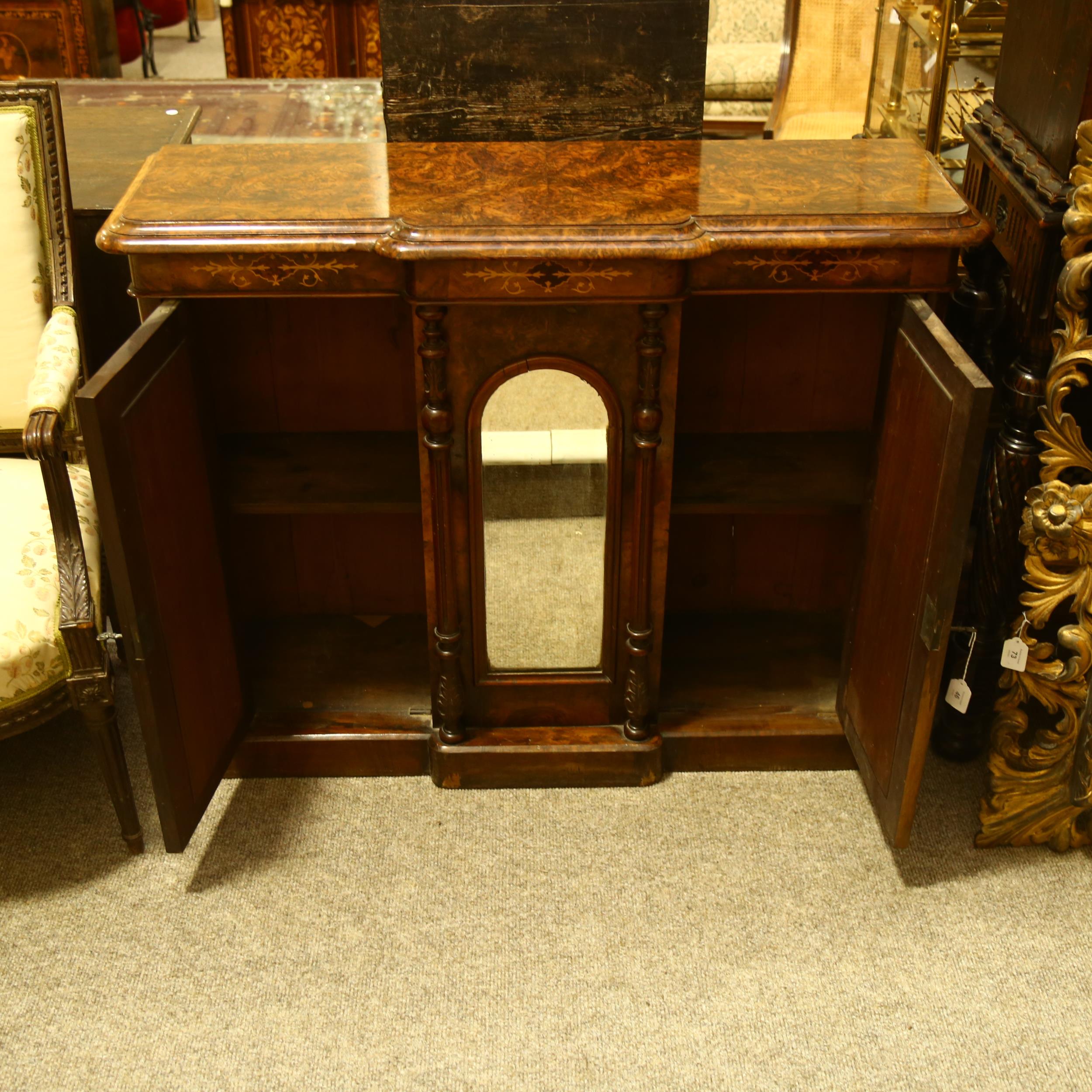A Victorian burr-walnut break-front credenza, of small size, front having triple dome-top mirror - Image 7 of 9