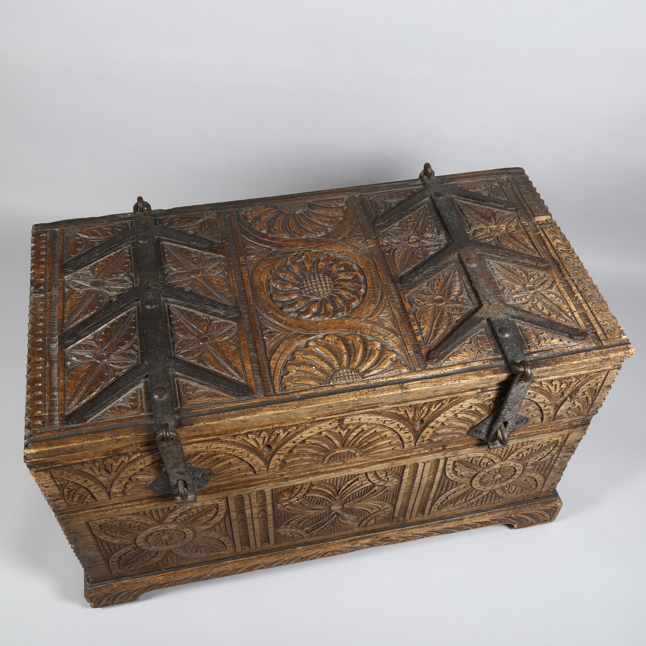 18th century Continental oak chest, heavy iron strapwork hinges and hasps to the lid, allover chip - Image 3 of 6