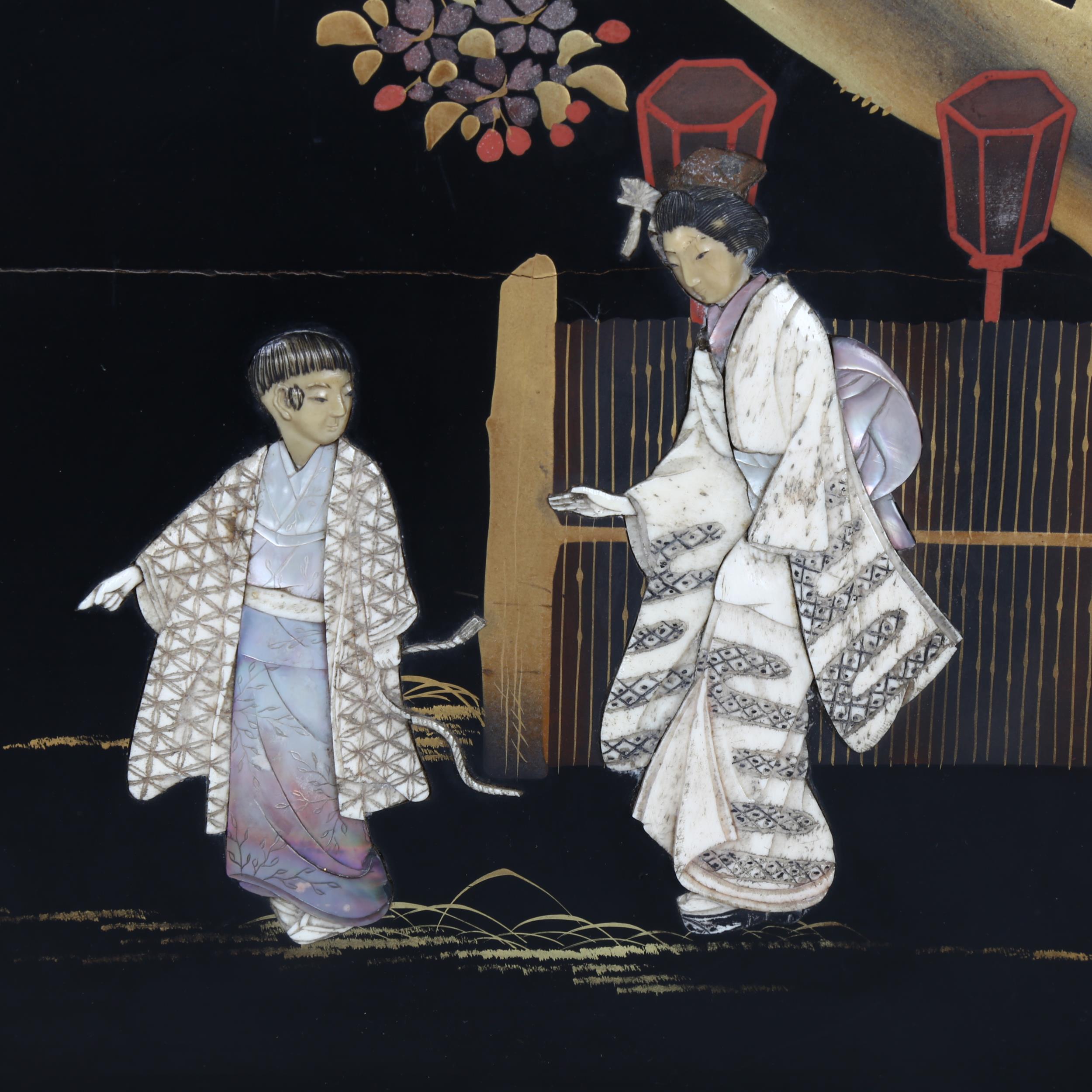 A Chinese 19th century lacquer picture, with applied carved bone and mother-of-pearl figures, gilt- - Image 2 of 5