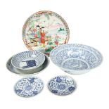 A group of Chinese porcelain bowls and plates (6), and a famille rose plate, diameter 30cm Famille