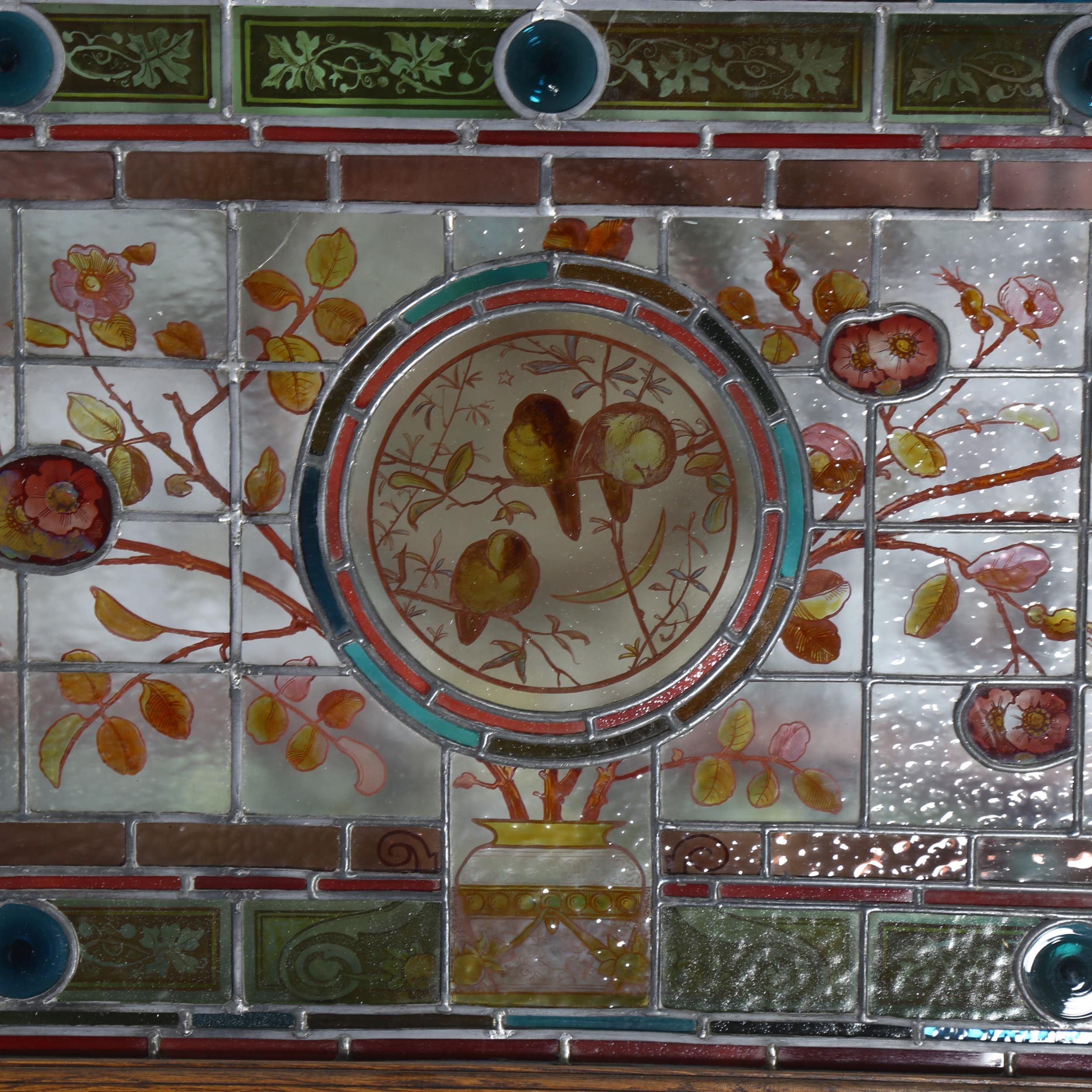 Pair of Victorian Aesthetic Movement stained glass leadlight window panels, with hand painted garden - Image 3 of 5