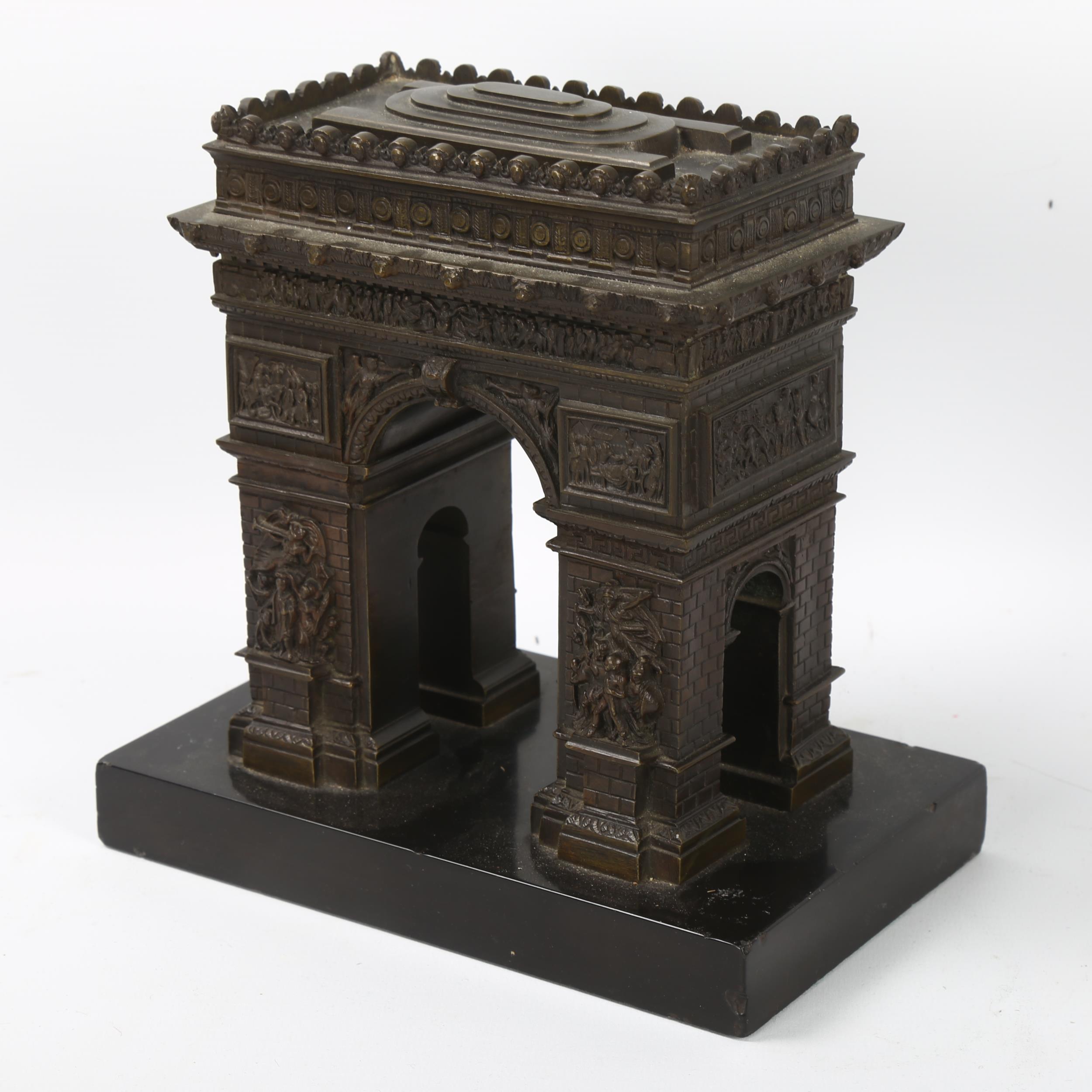 A 19th century Grand Tour French bronze model of the Arc De Triomphe, on slate base, height 20cm, - Image 5 of 6