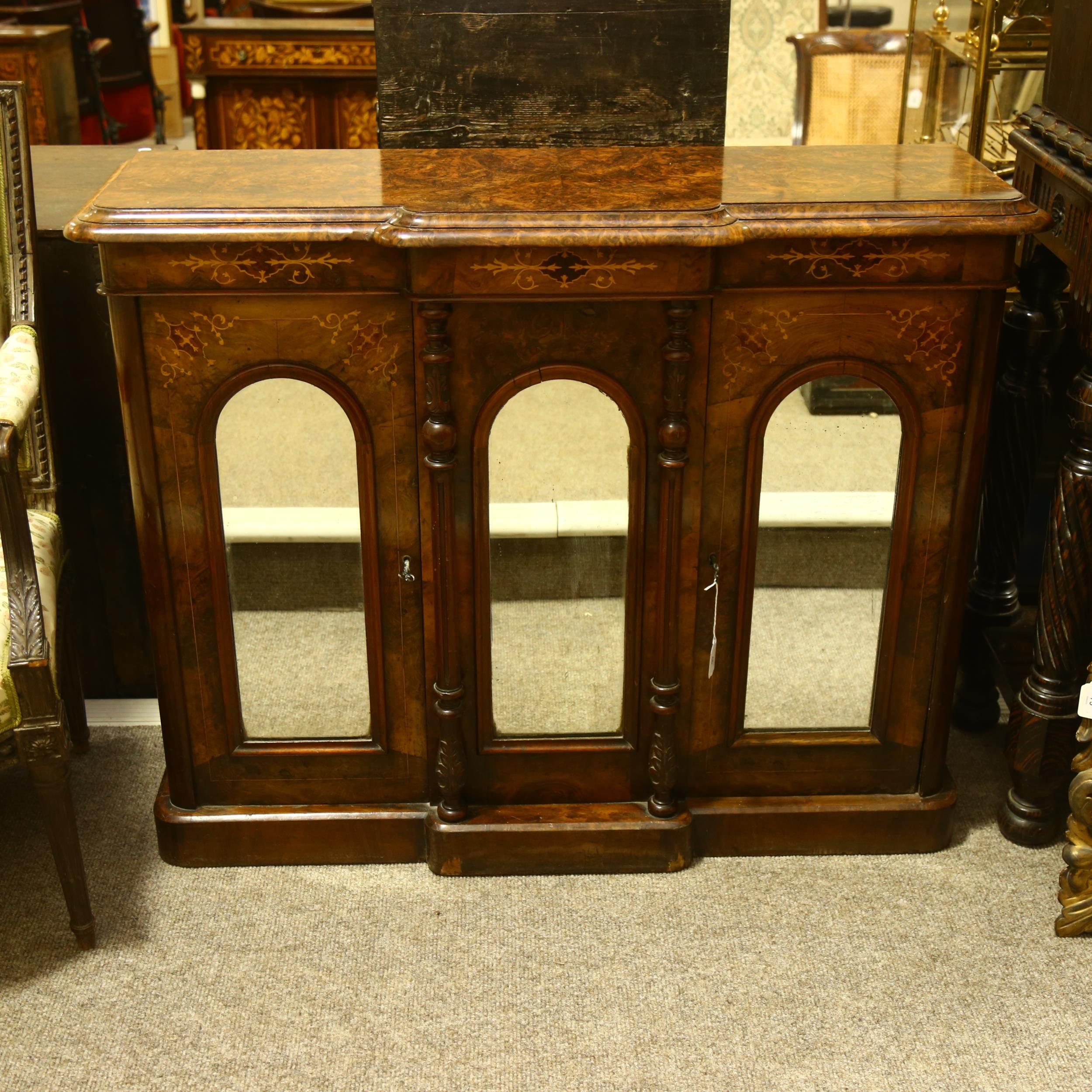 A Victorian burr-walnut break-front credenza, of small size, front having triple dome-top mirror - Image 5 of 9