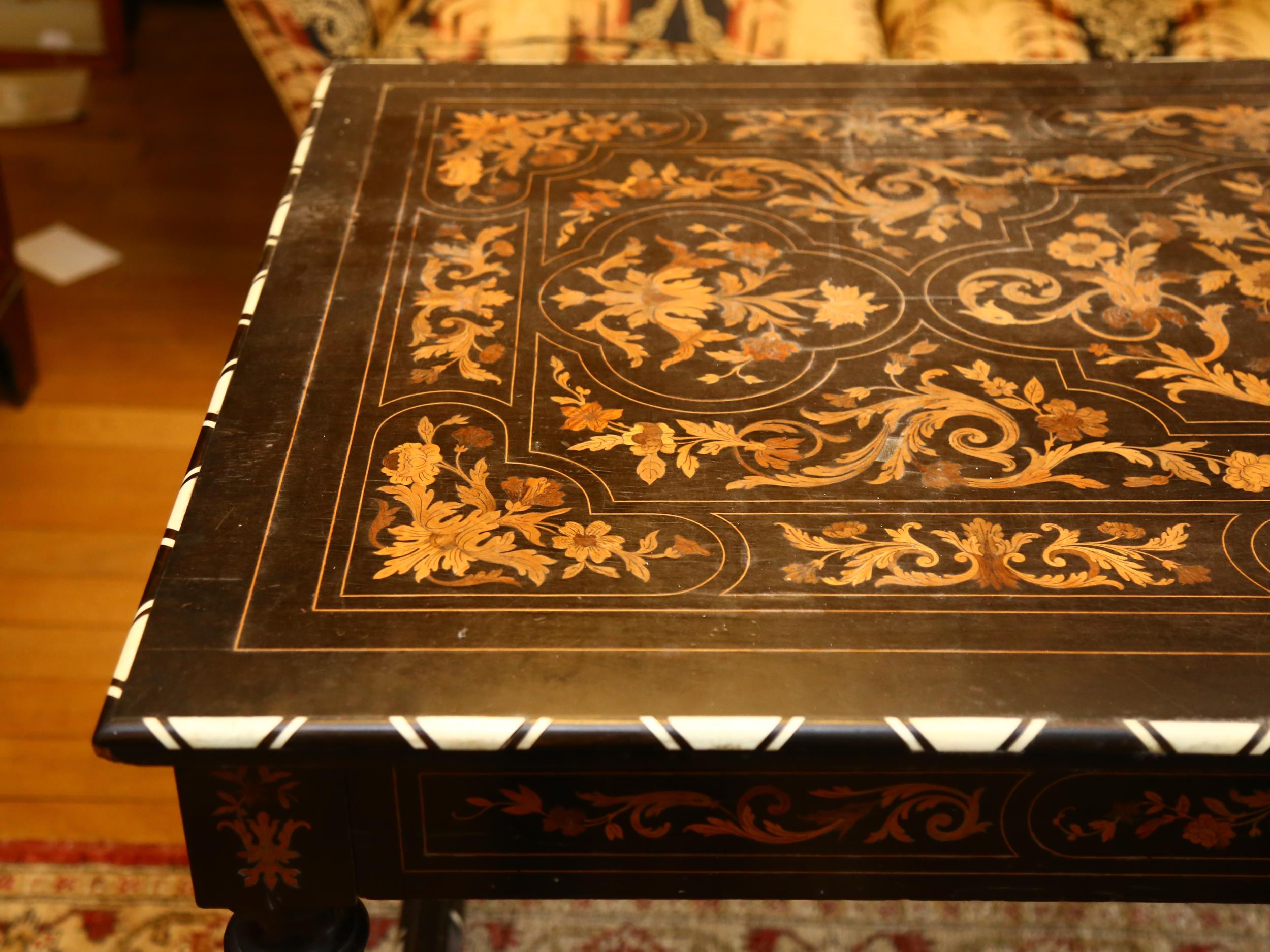 A 19th century Dutch marquetry centre table, rectangular form with bone inlaid edge, with - Image 9 of 10