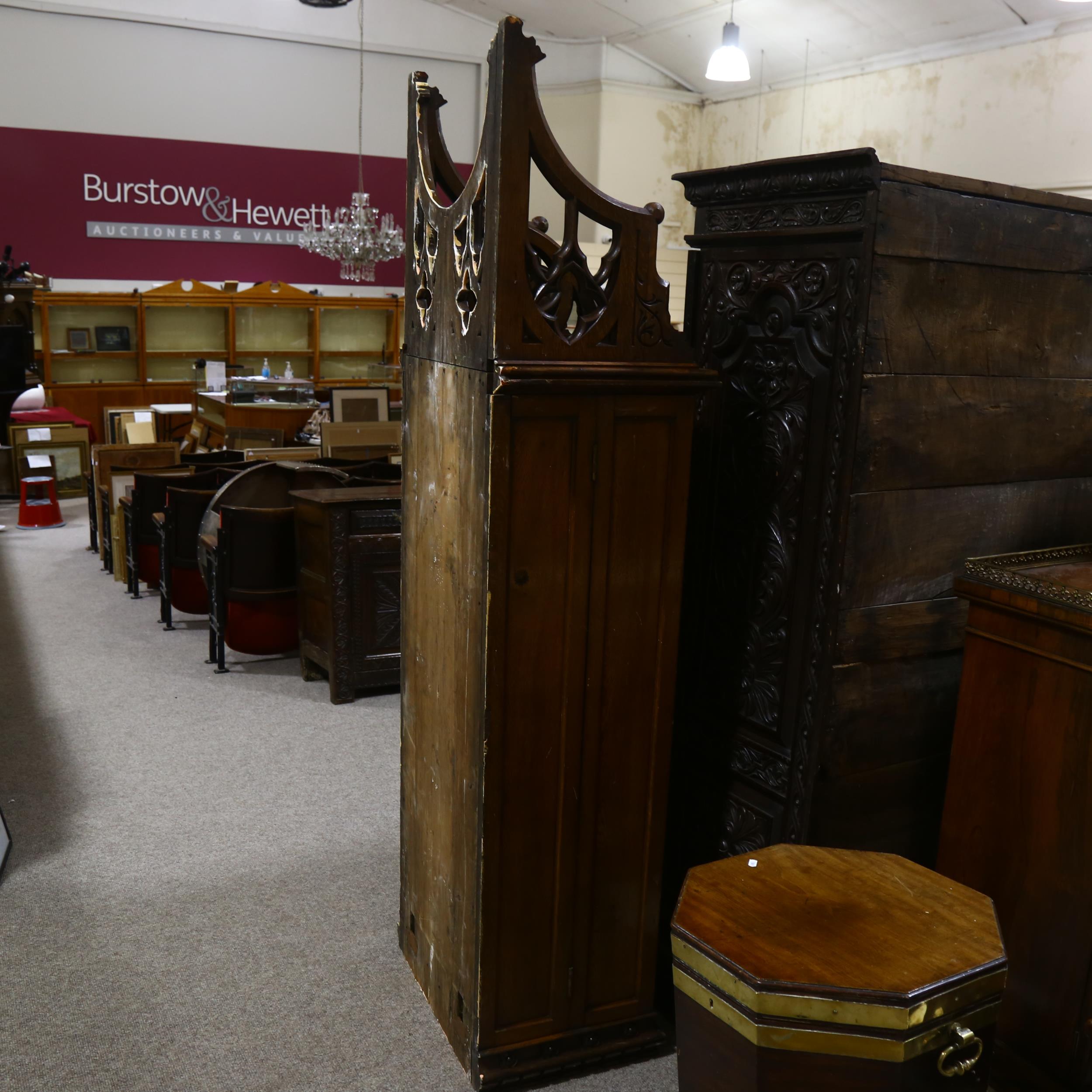 A large 19th century Gothic oak church tabernacle wall-hanging cabinet, the crenellated pediment - Image 6 of 9