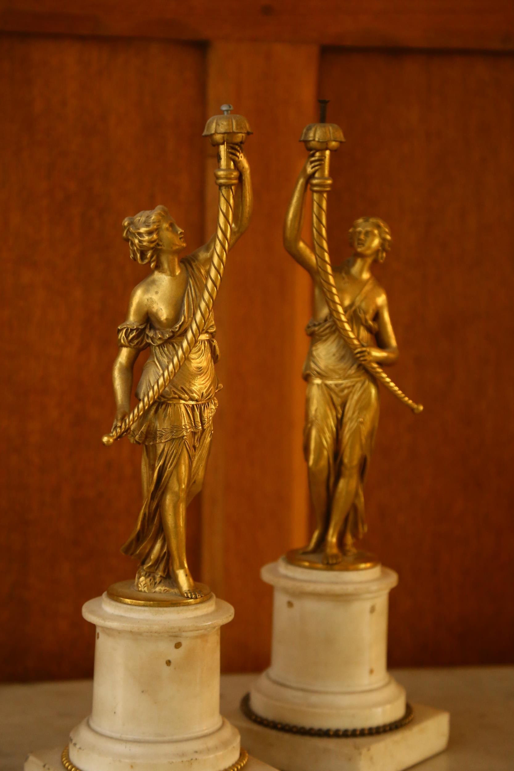 A pair of 19th century Renaissance style gilt-bronze figural table centres, modelled as Classical - Image 2 of 7