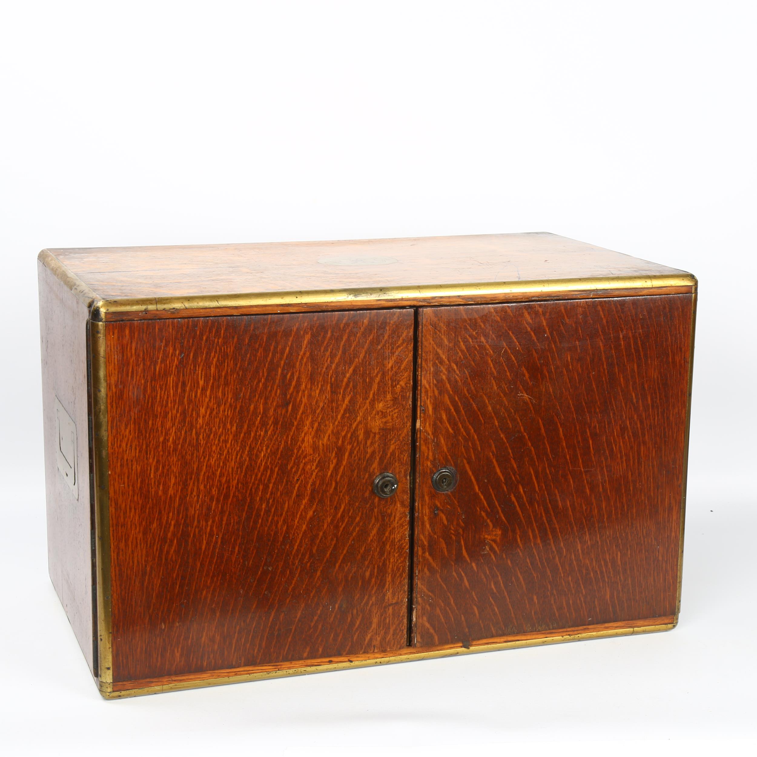 A Victorian brass-bound oak cabinet, with 2 front doors enclosing 3 inner drawers, width 47cm, depth - Image 2 of 6