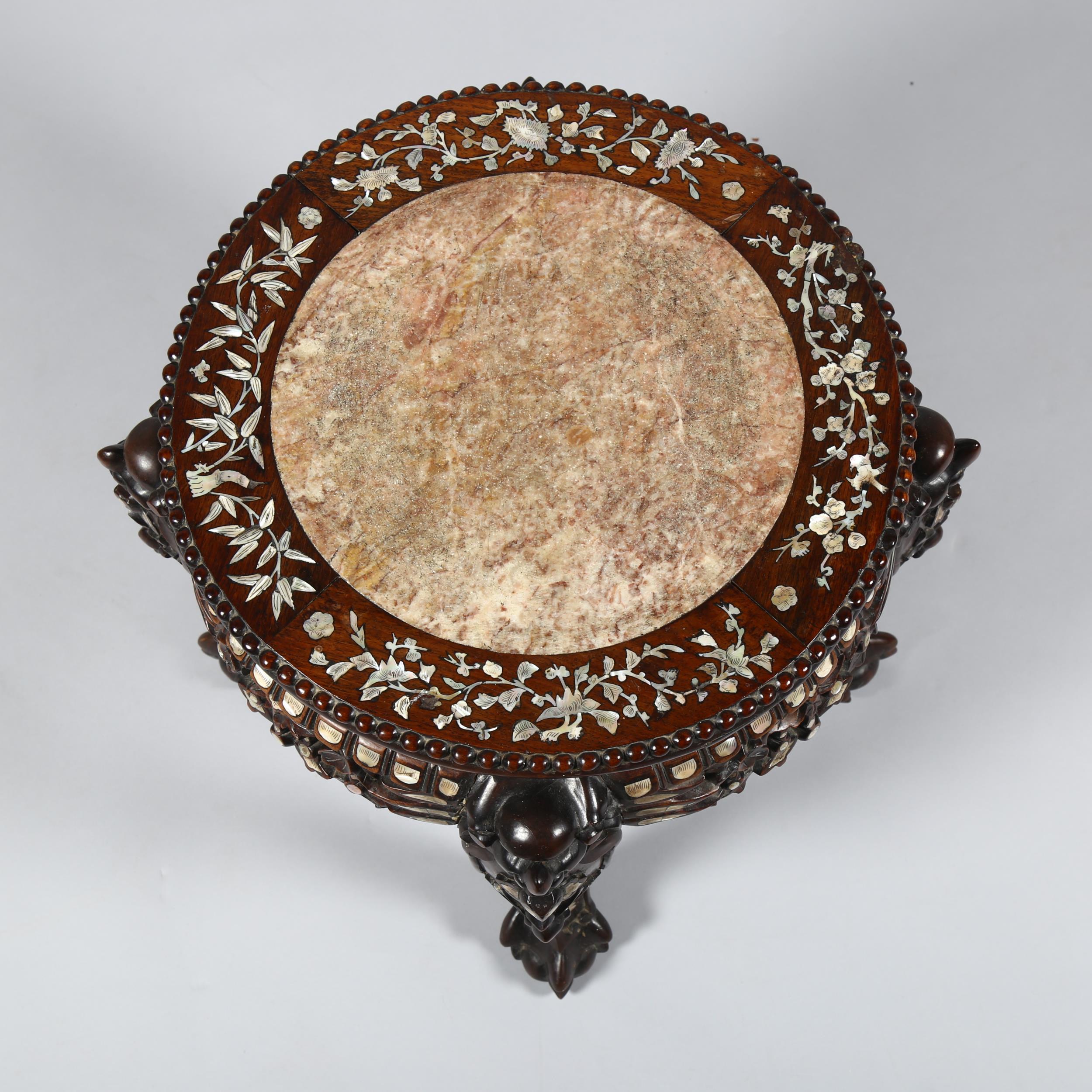 A 19th century Chinese hardwood and mother-of-pearl inlaid circular table, with inset marble top, - Image 3 of 6