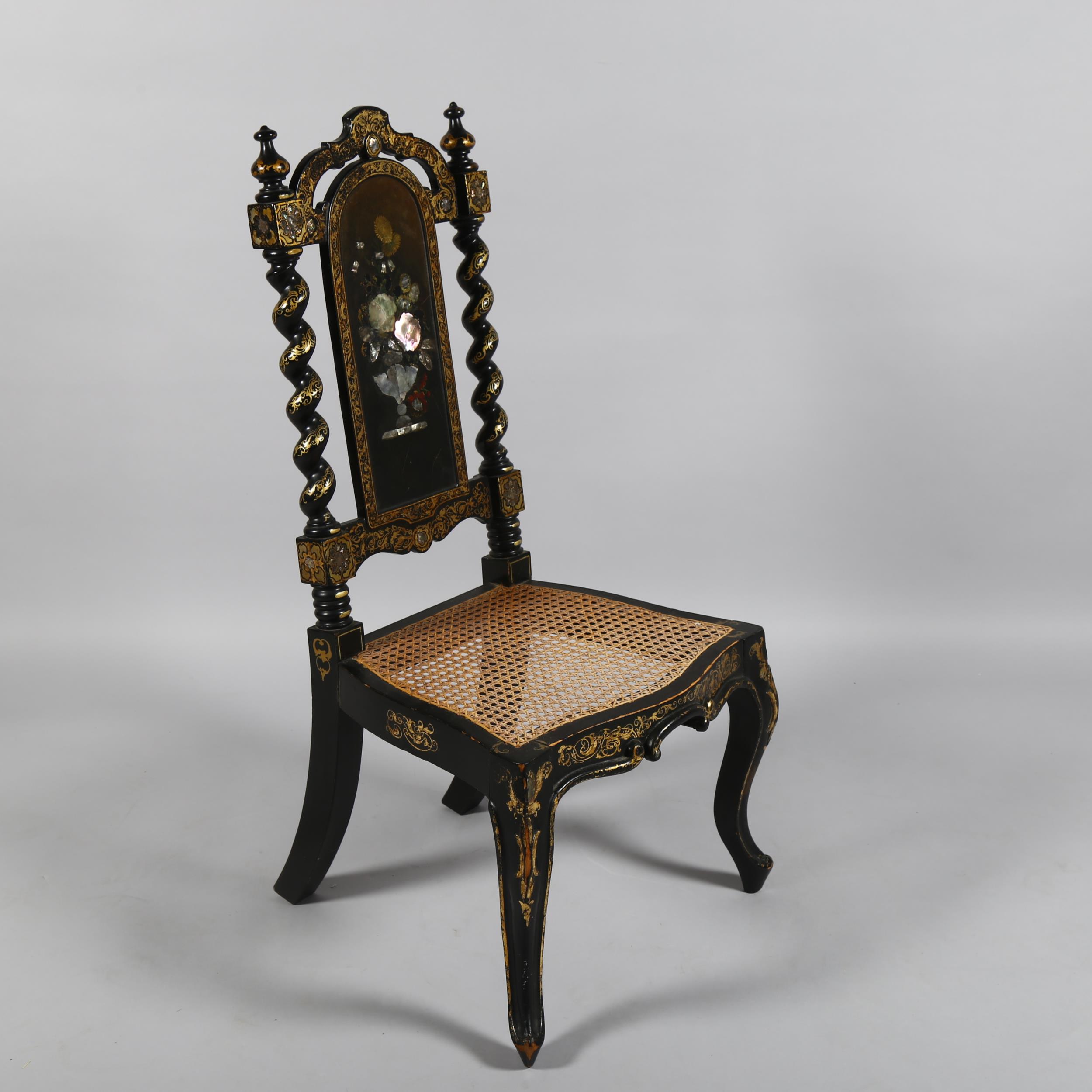 A Victorian papier mache ebonised and mother-of-pearl inlaid slipper side chair, with hand painted - Image 3 of 7