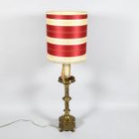 Victorian Gothic brass lamp, resting on lion paw feet, base height 55cm, height including shade