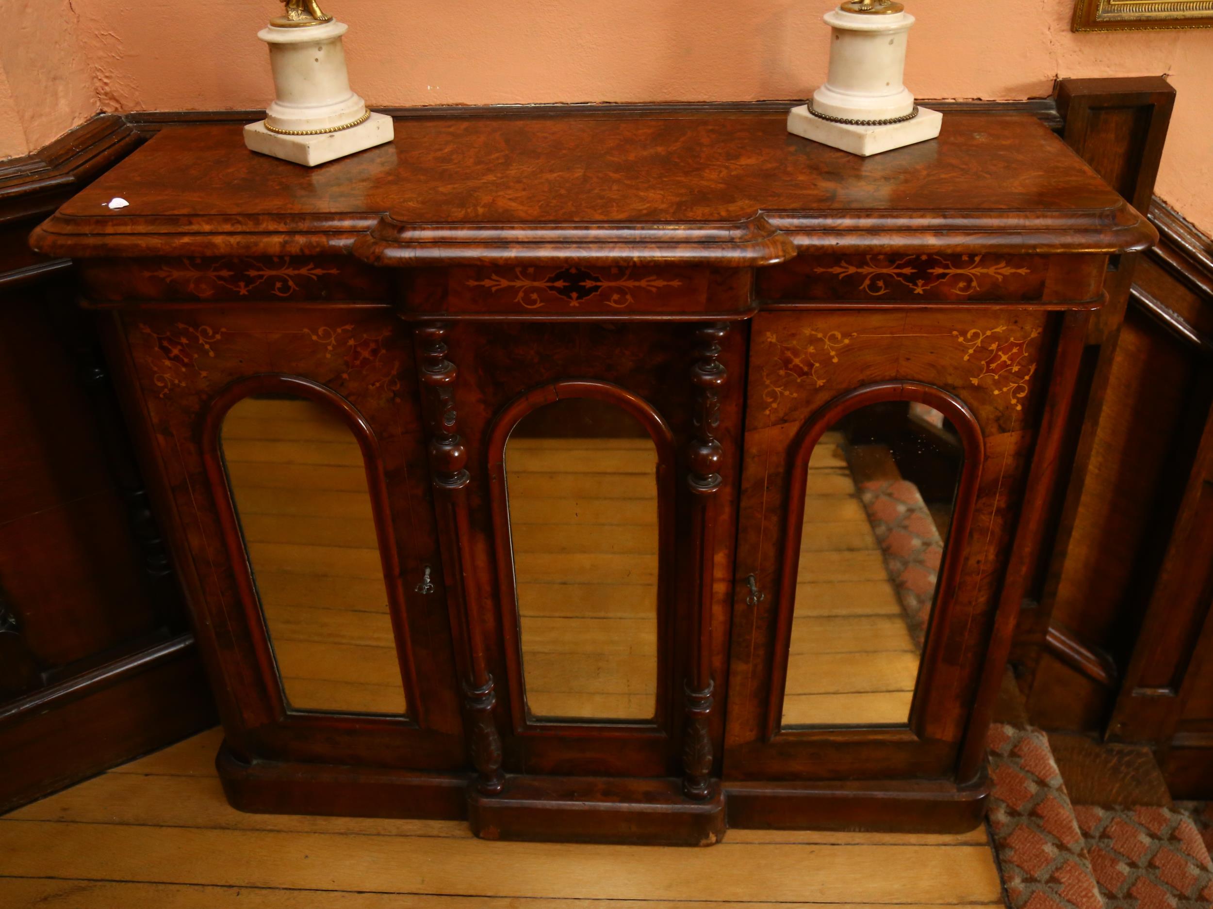 A Victorian burr-walnut break-front credenza, of small size, front having triple dome-top mirror - Image 2 of 9