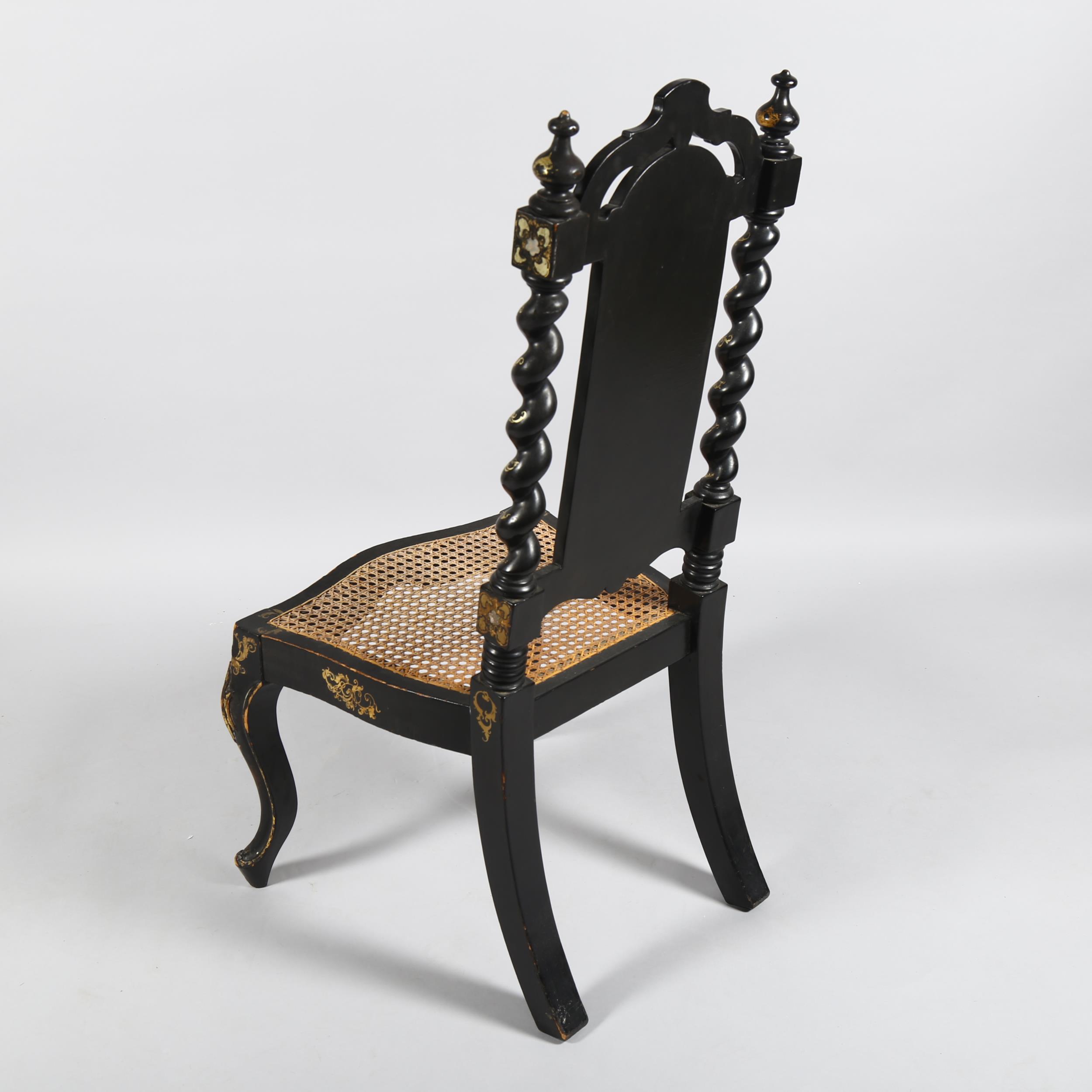 A Victorian papier mache ebonised and mother-of-pearl inlaid slipper side chair, with hand painted - Image 7 of 7