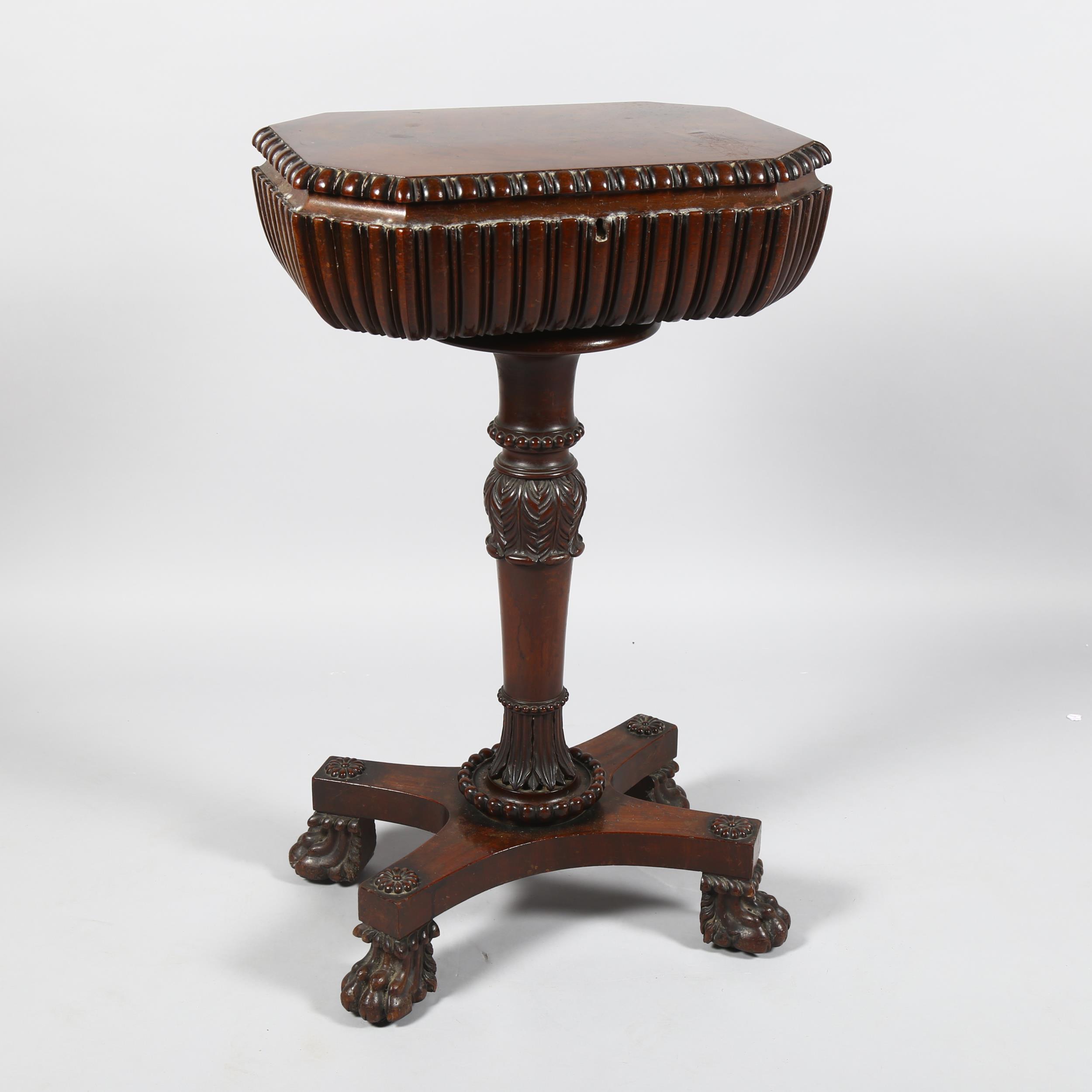 A William IV mahogany teapoy, on carved tulip centre column and lion paw feet, 47cm x 35cm, height - Image 2 of 6