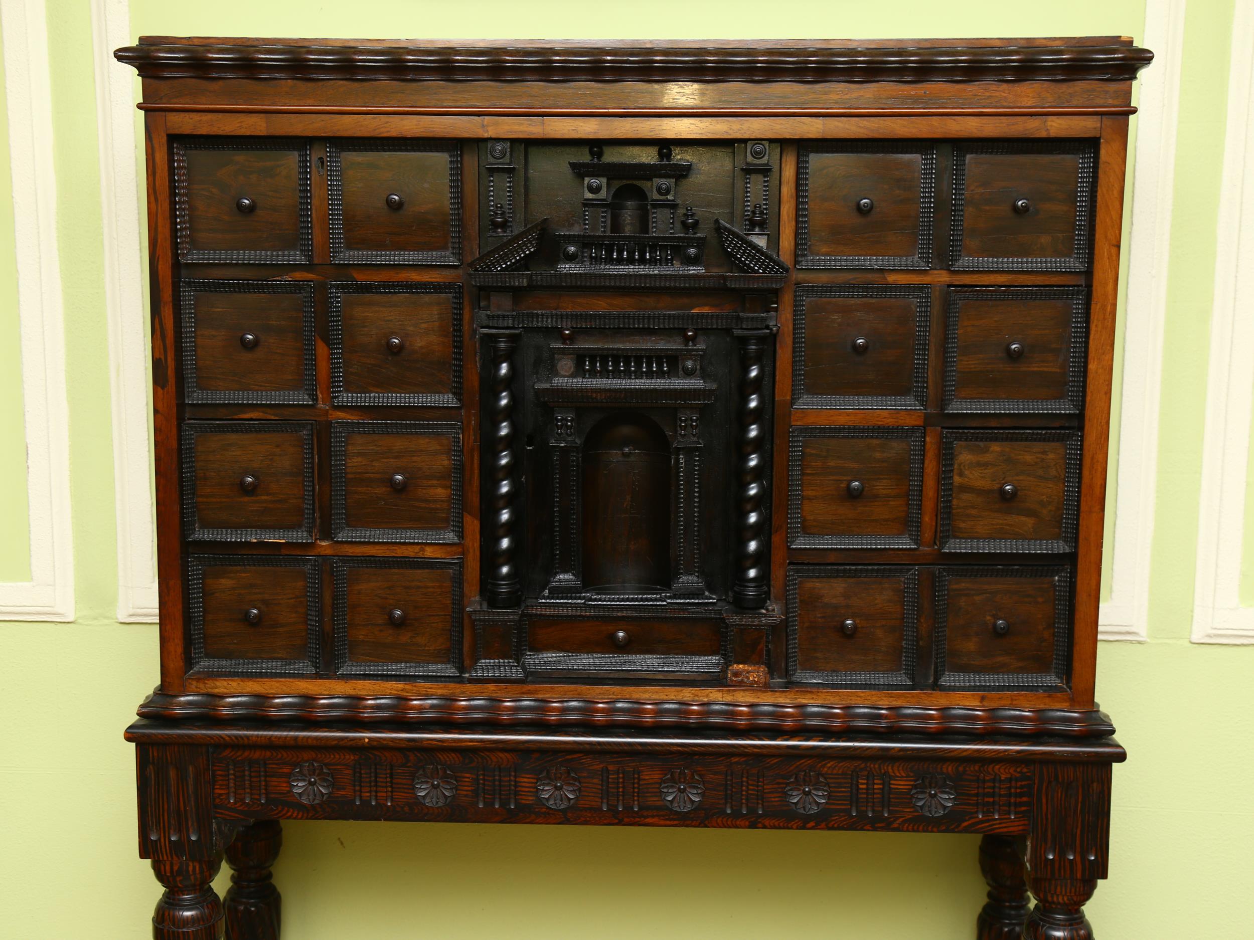 An 18th century Continental rosewood cabinet on stand, possibly Spanish or Portuguese, the central - Image 2 of 7