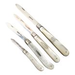 4 Victorian silver folding fruit knives, all hallmarked, with mother of pearl handles All in good