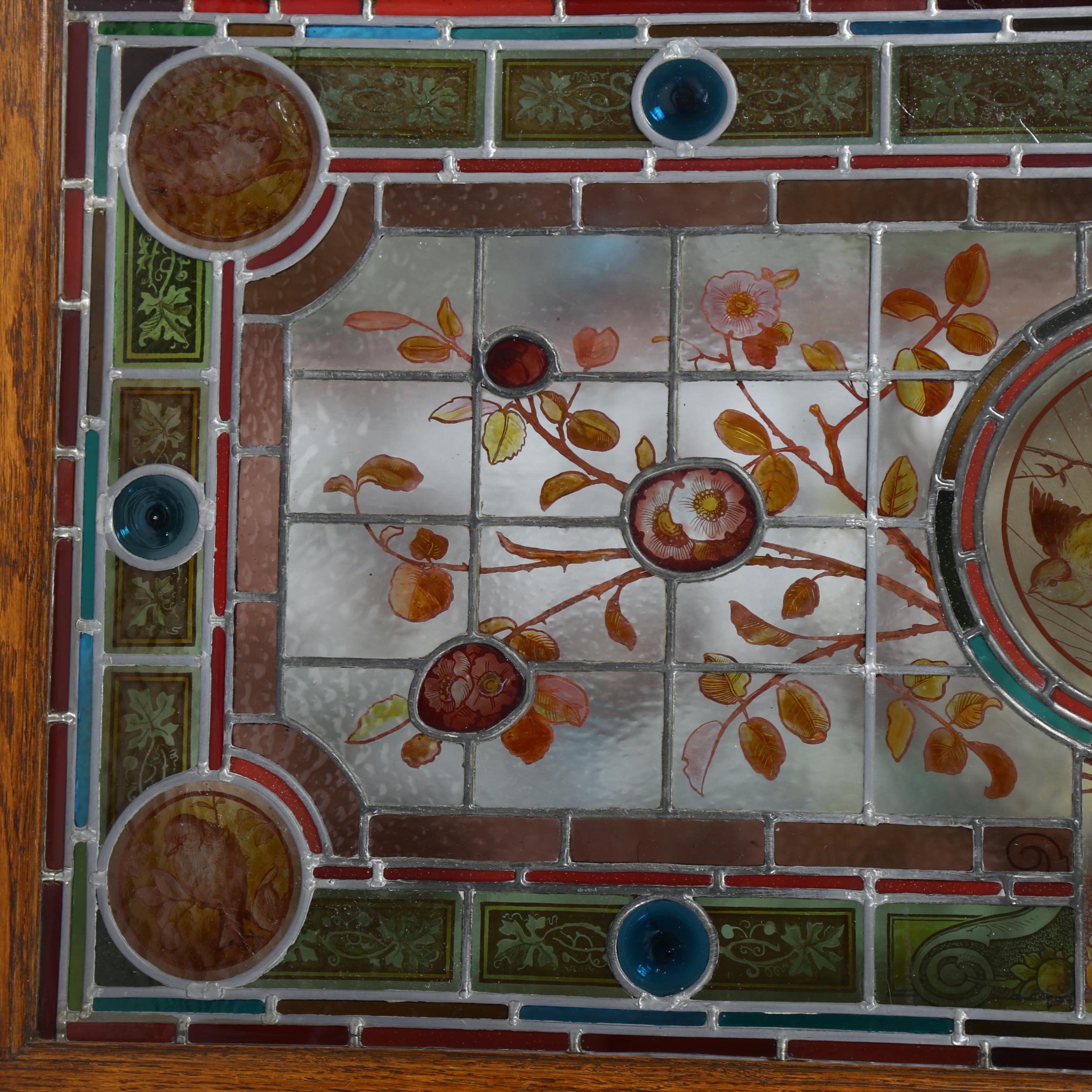 Pair of Victorian Aesthetic Movement stained glass leadlight window panels, with hand painted garden - Image 4 of 5