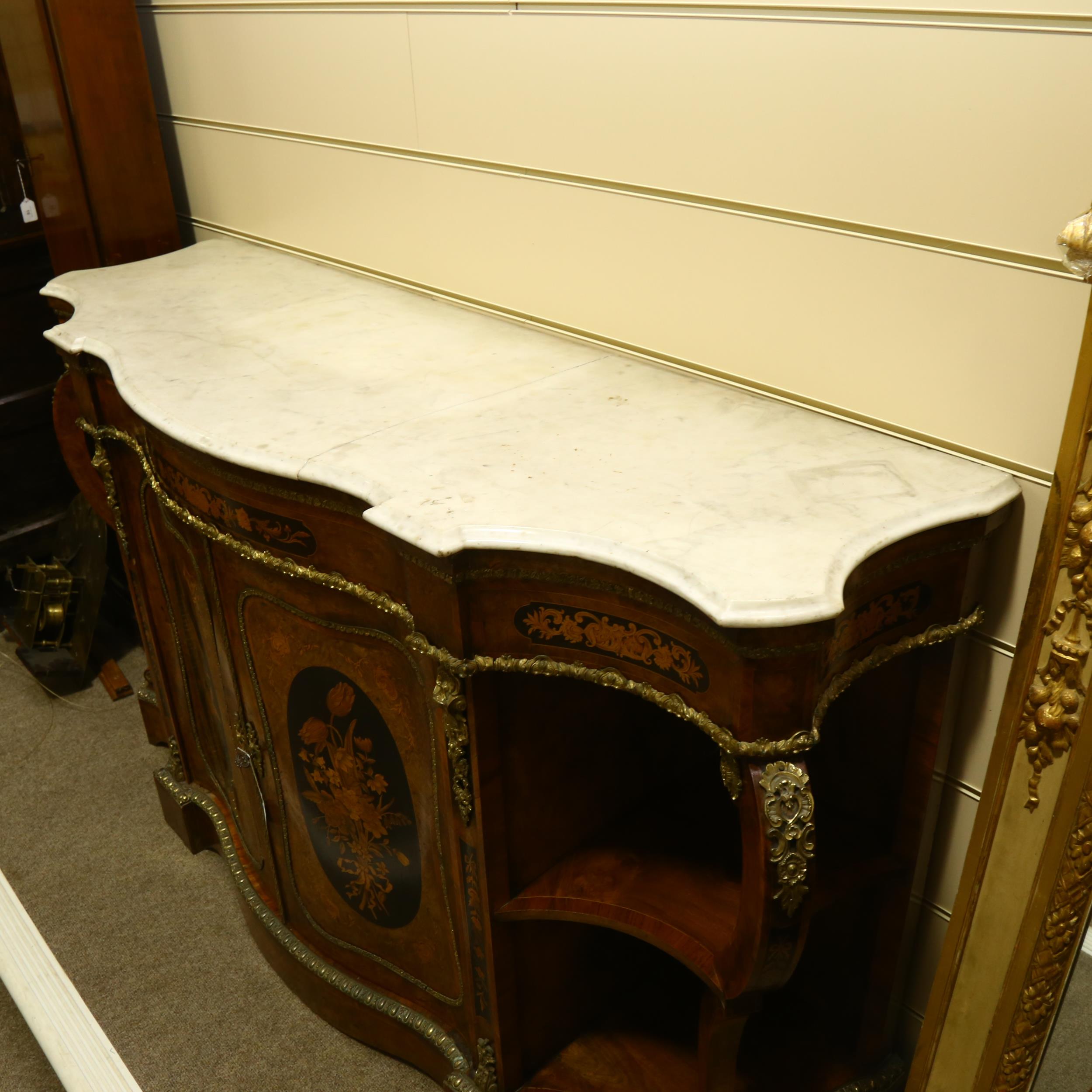 A French Napoleon III Empire style credenza, shaped serpentine form, walnut and kingwood, with - Image 5 of 6