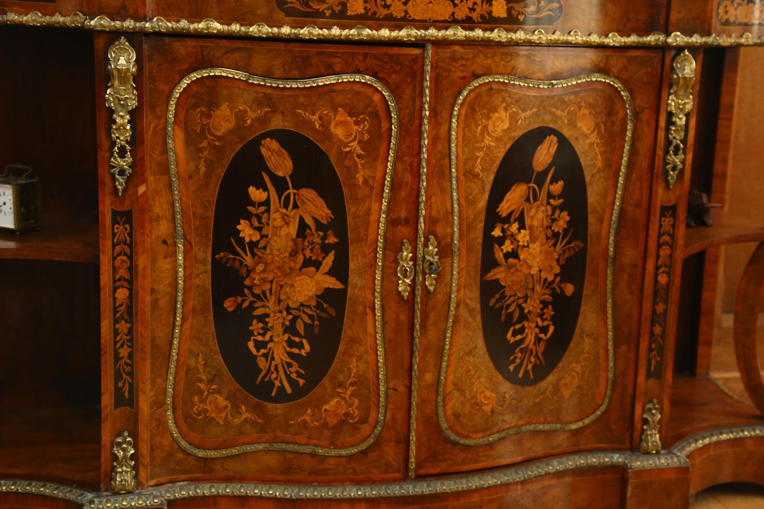 A French Napoleon III Empire style credenza, shaped serpentine form, walnut and kingwood, with - Image 2 of 6