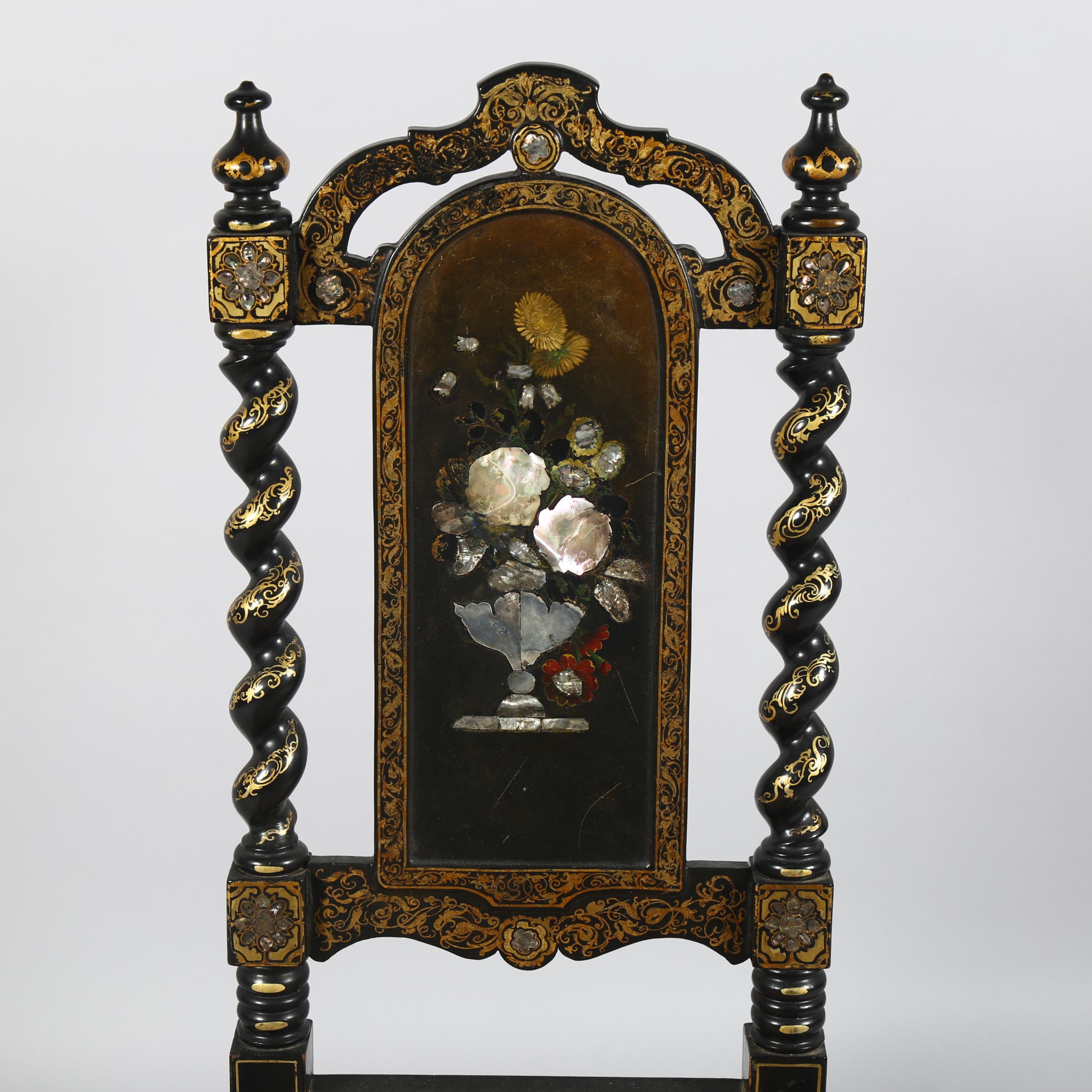 A Victorian papier mache ebonised and mother-of-pearl inlaid slipper side chair, with hand painted - Image 4 of 7