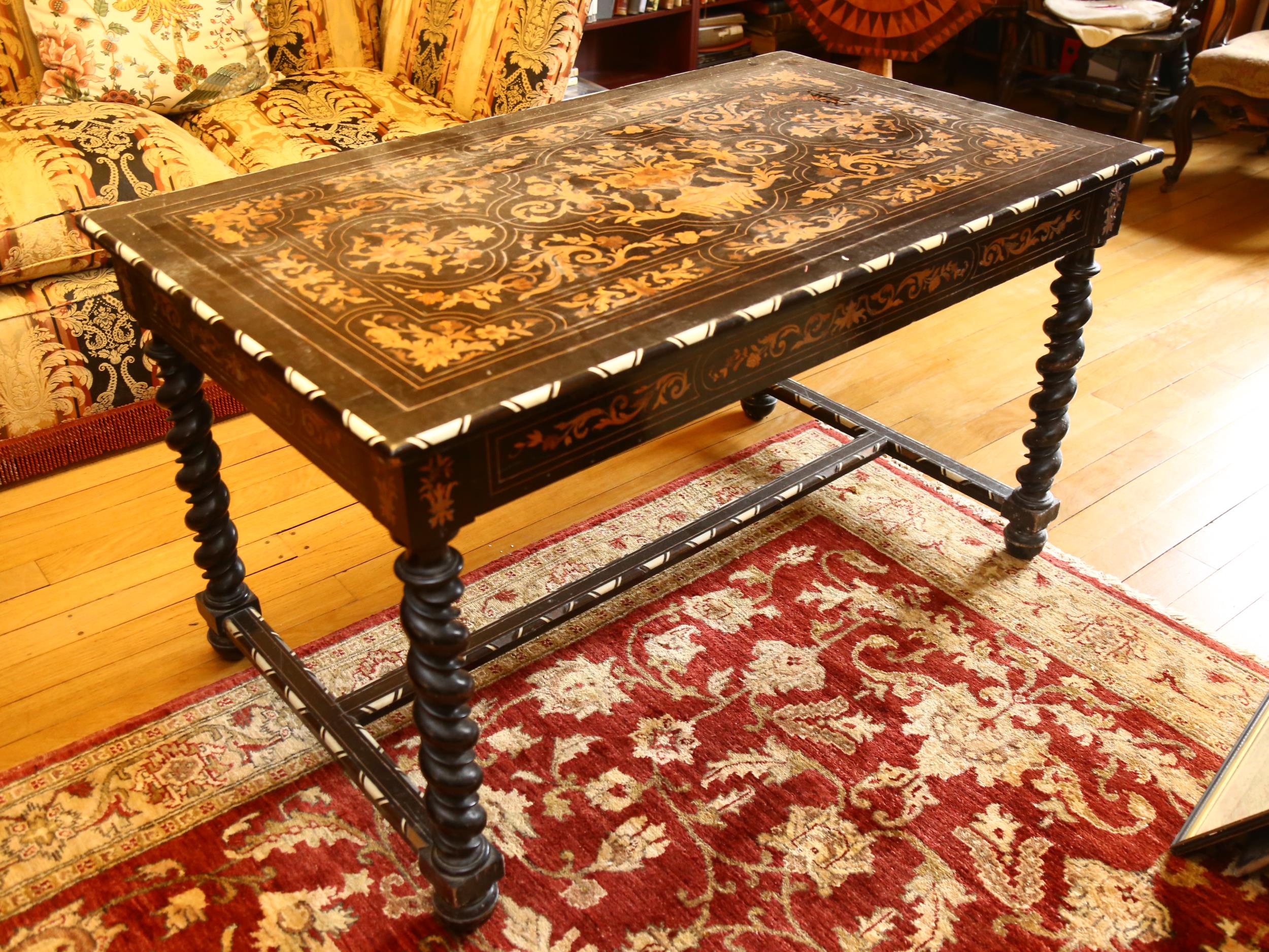 A 19th century Dutch marquetry centre table, rectangular form with bone inlaid edge, with - Image 6 of 10