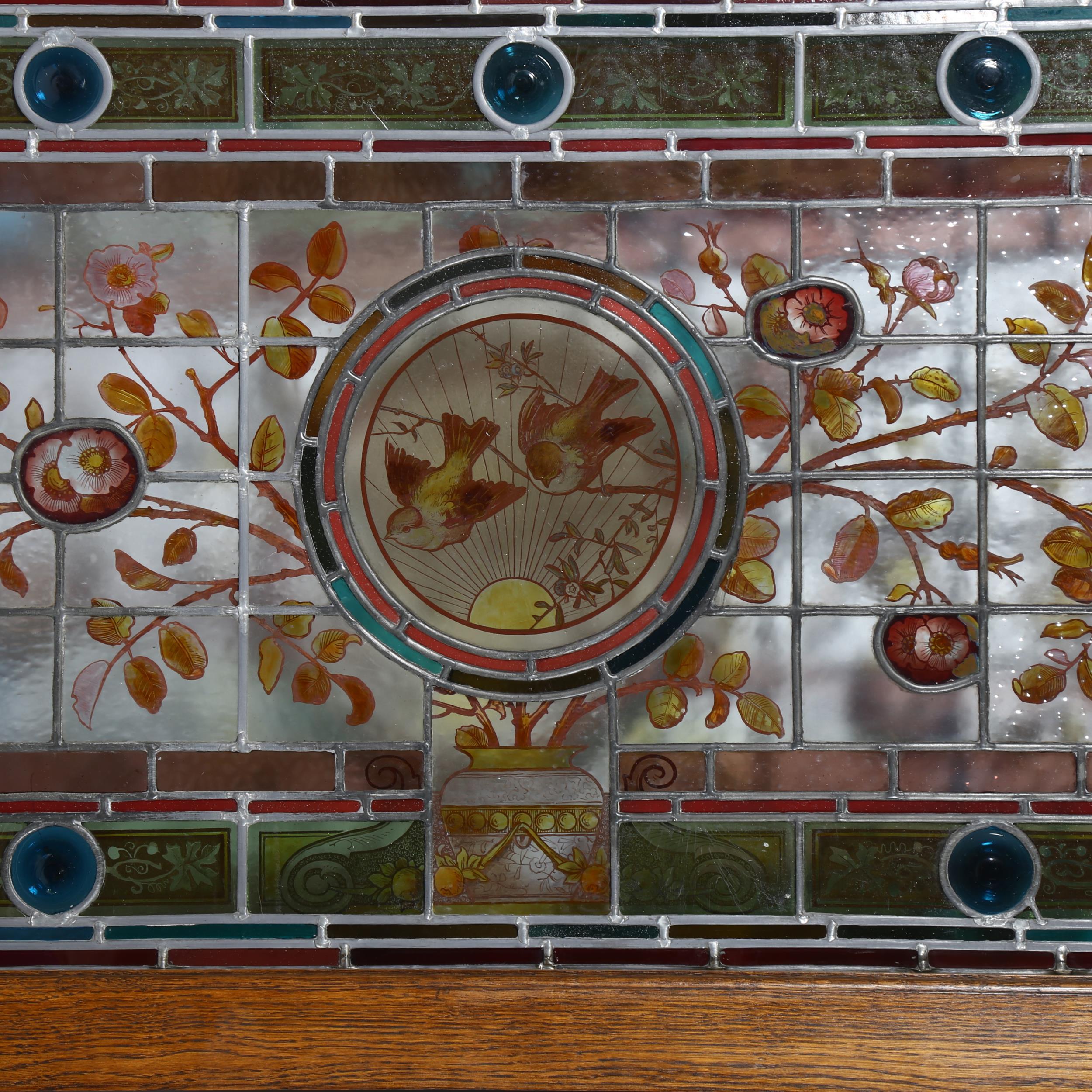 Pair of Victorian Aesthetic Movement stained glass leadlight window panels, with hand painted garden - Image 2 of 5