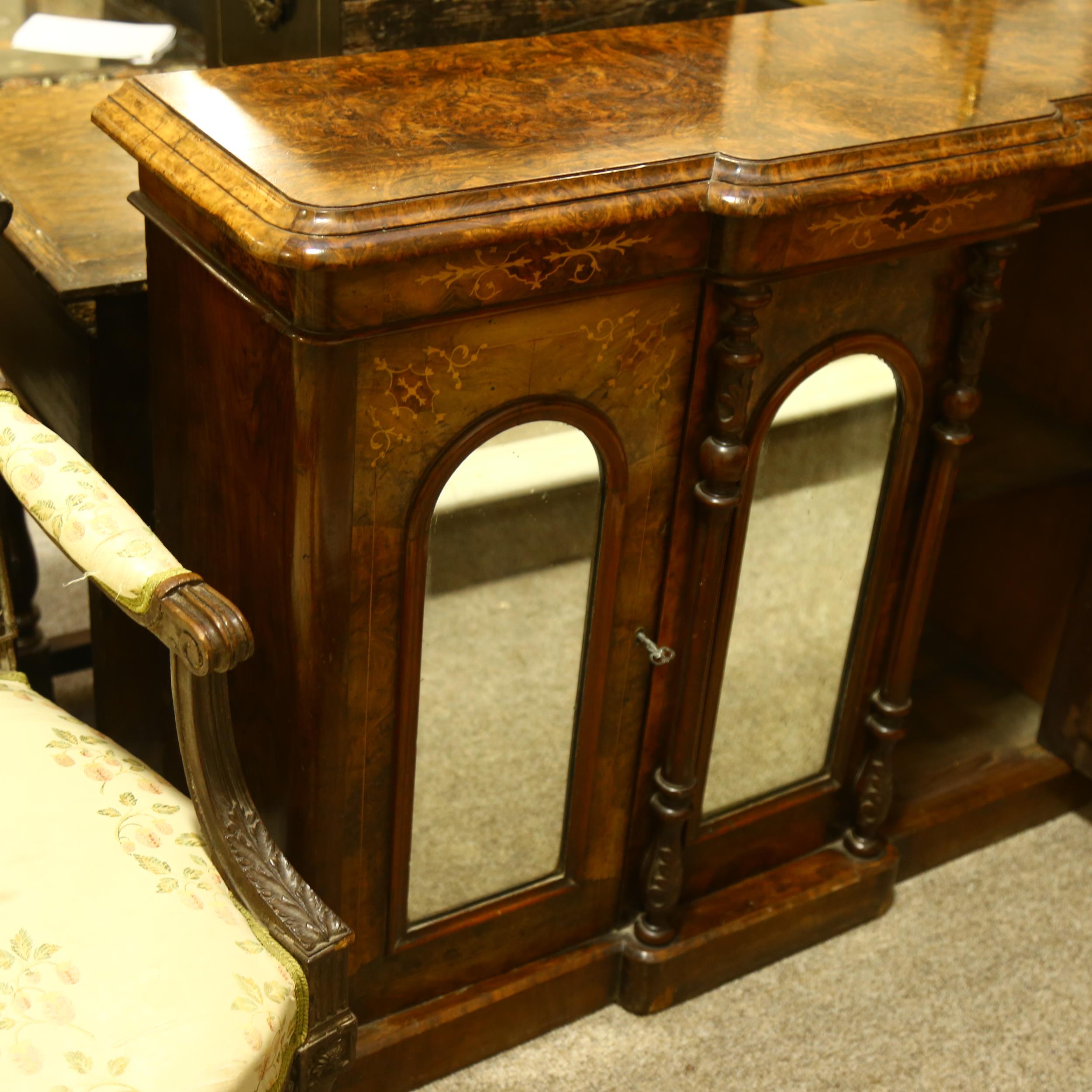 A Victorian burr-walnut break-front credenza, of small size, front having triple dome-top mirror - Image 8 of 9