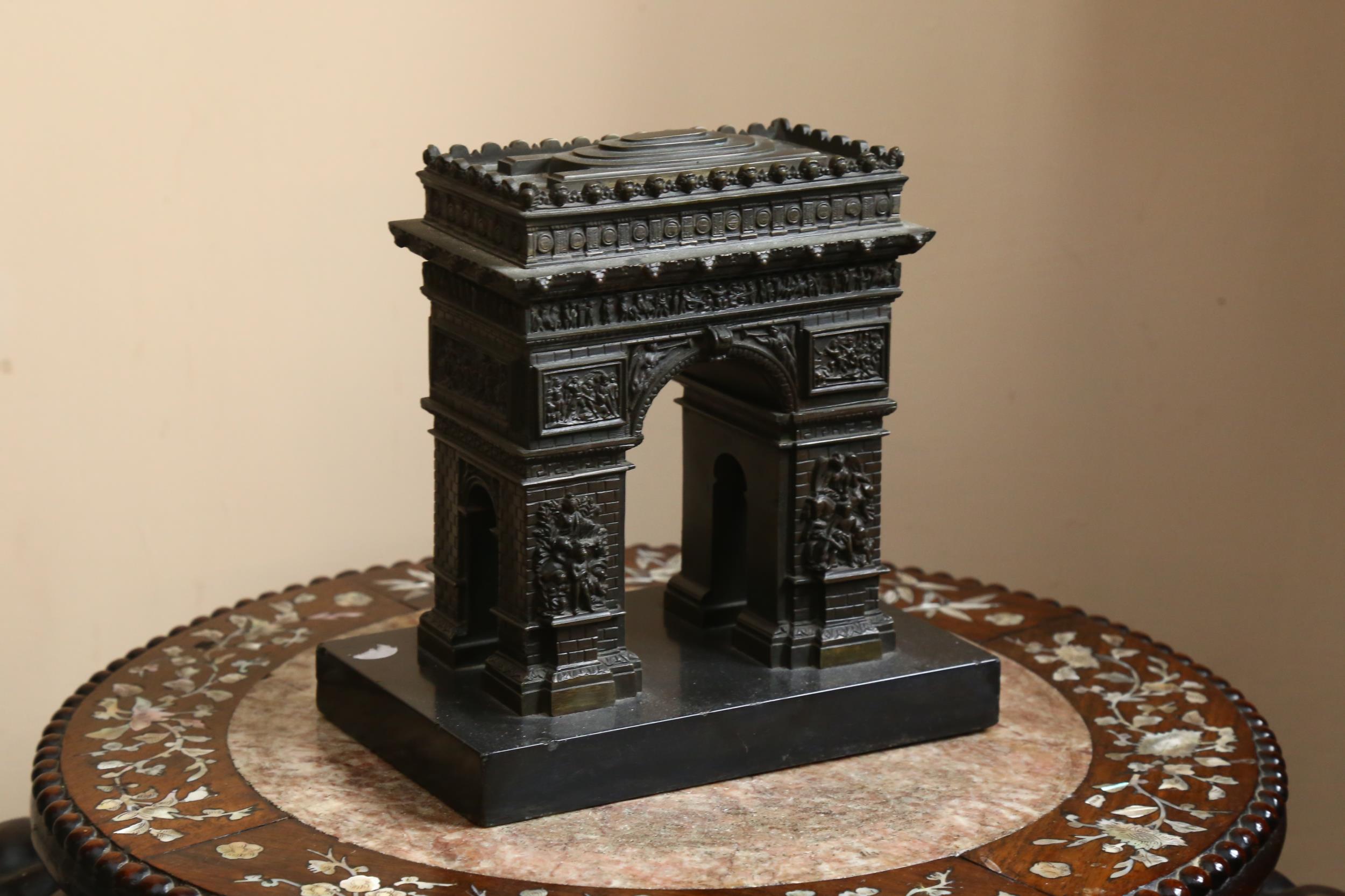 A 19th century Grand Tour French bronze model of the Arc De Triomphe, on slate base, height 20cm,