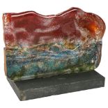 A contemporary multi-colour glass abstract sculpture on slate base, unsigned, sculpture length 26cm,